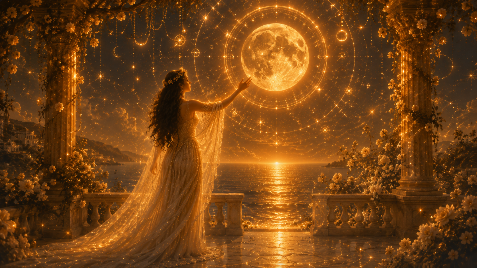Mujer observando las fases de la Luna con símbolos astrológicos y tonos crema y dorado