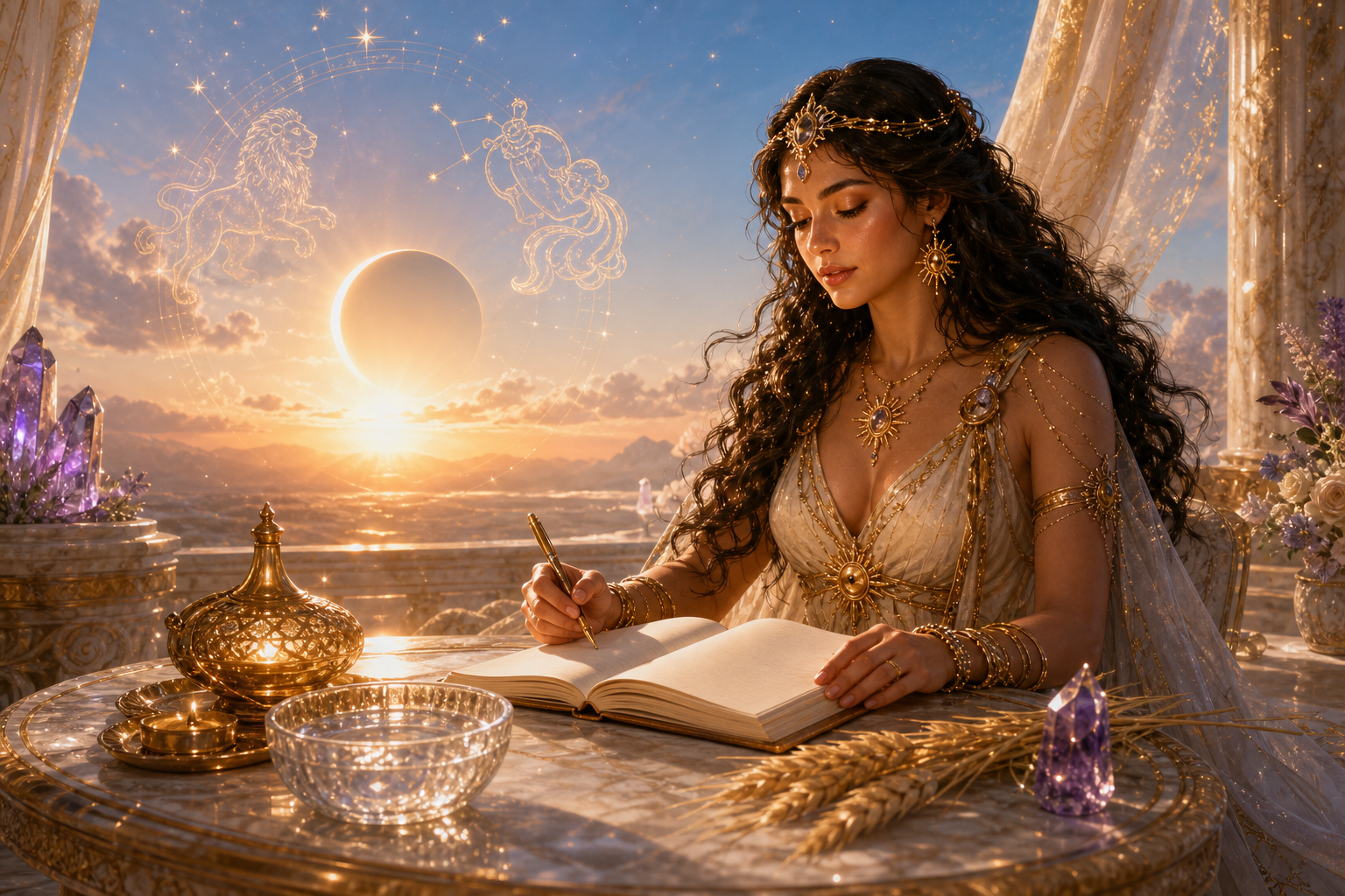 práctica de journaling al amanecer después de un eclipse con símbolos de Leo y Acuario
