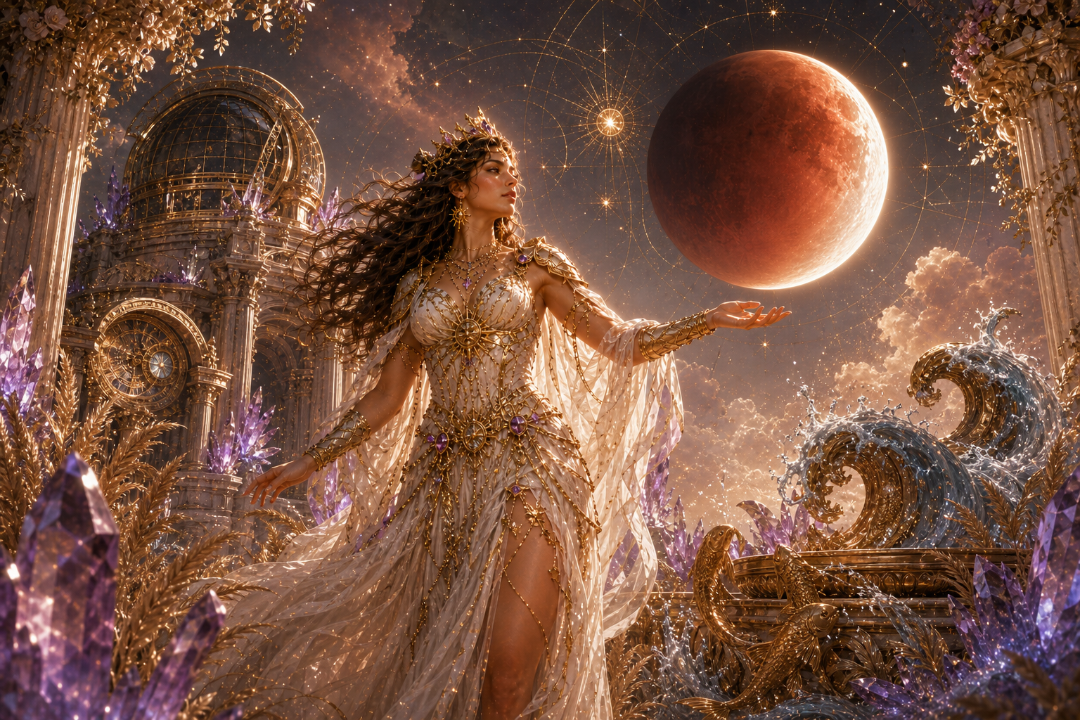 eclipse lunar parcial casi total entre símbolos de Virgo y Piscis al final de la temporada de eclipses 2026