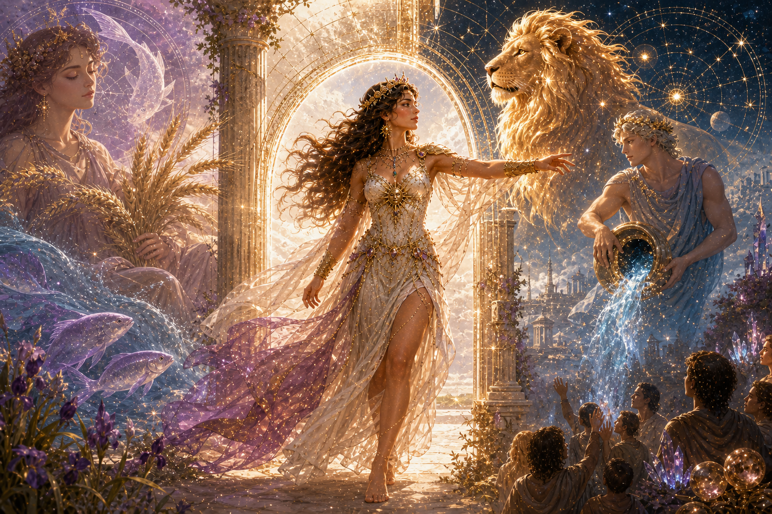 transición astrológica desde Virgo y Piscis hacia el león de Leo y el portador de agua de Acuario