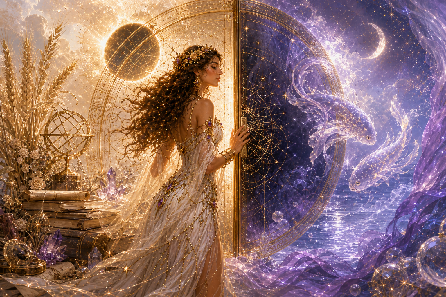 mujer cerrando un portal entre el trigo de Virgo y las aguas de Piscis como símbolo de final de ciclo