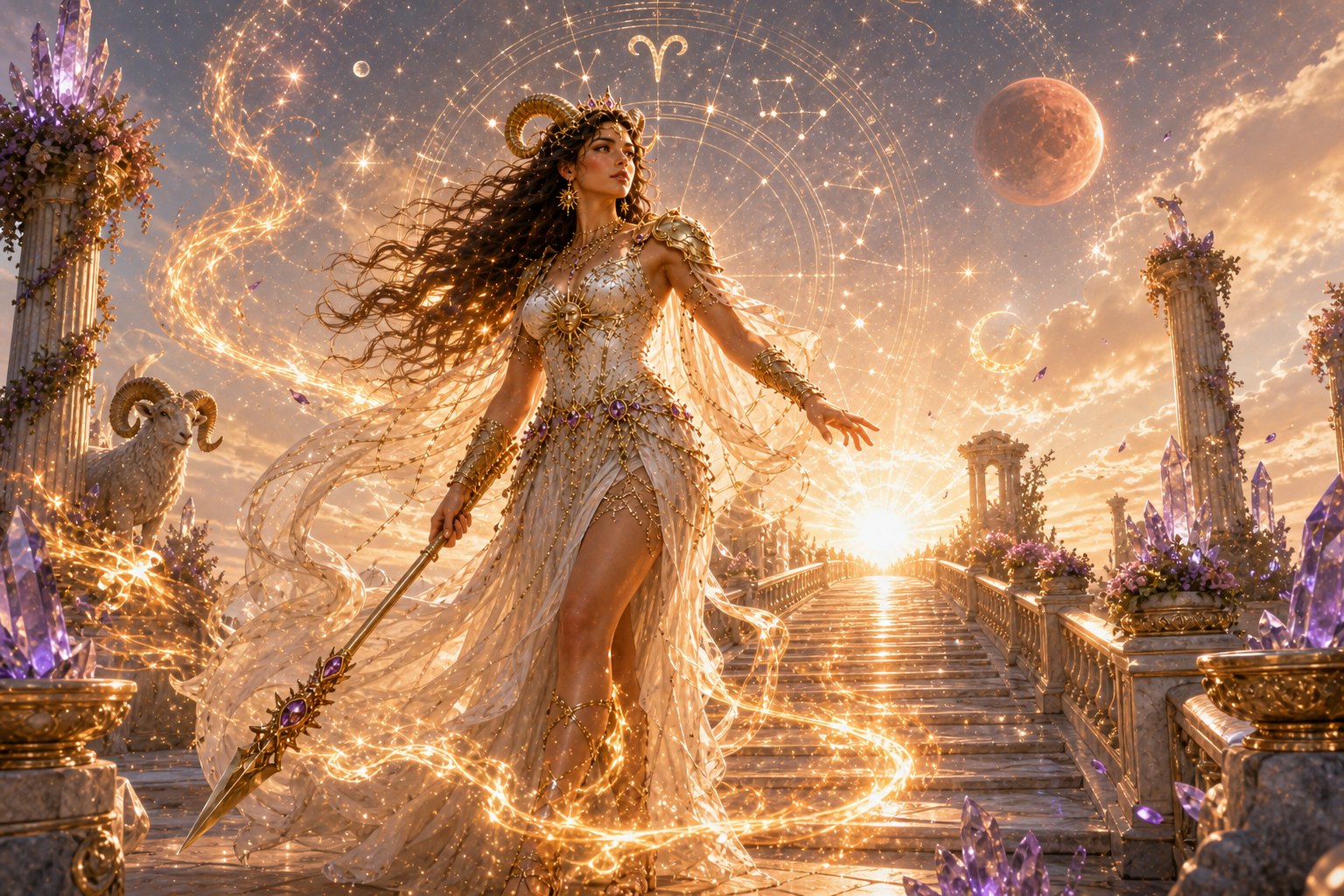 Sacerdotisa guerrera de Aries avanzando hacia el amanecer con energía de Marte