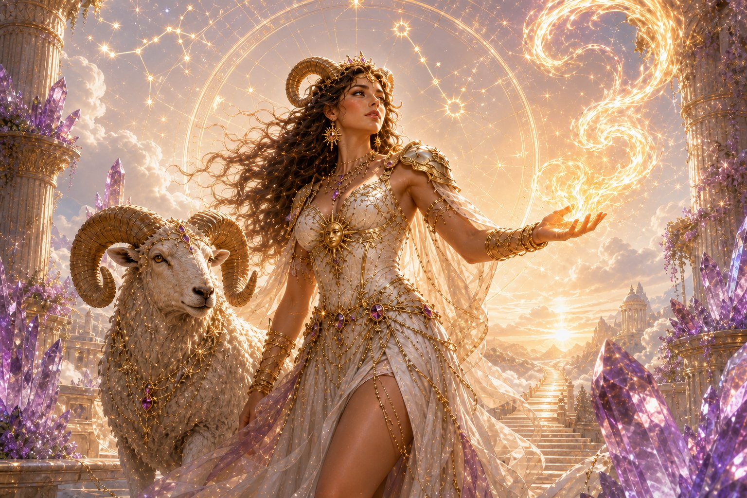 Mujer arquetípica de Aries junto a un carnero entre fuego dorado y símbolos celestes