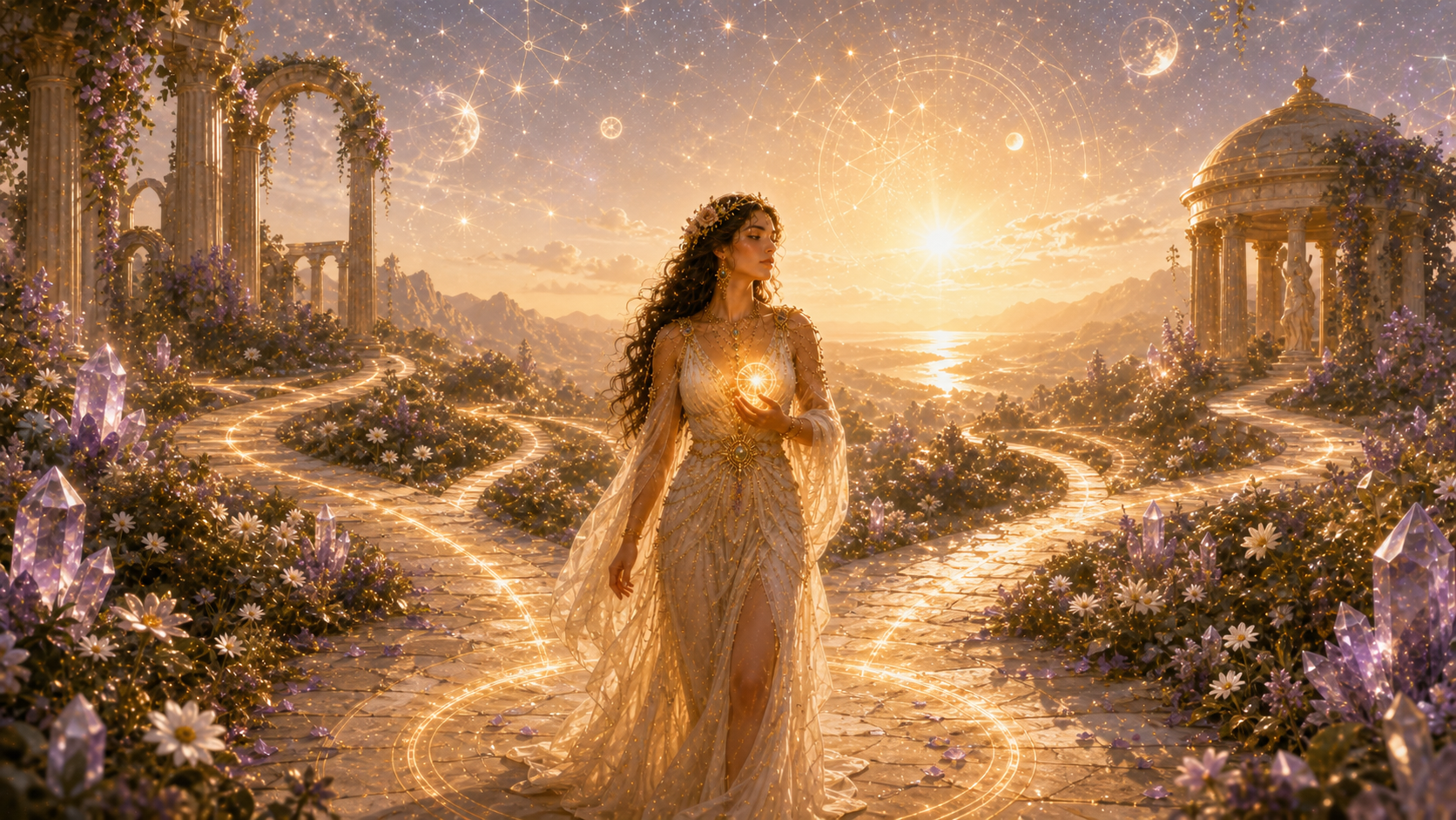 mujer sosteniendo una luz dorada ante varios caminos celestiales como símbolo de autonomía y decisiones conscientes