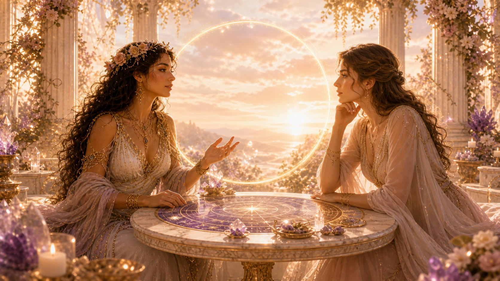 dos mujeres conversando frente a una carta astral con un círculo dorado que representa límites saludables en una consulta astrológica