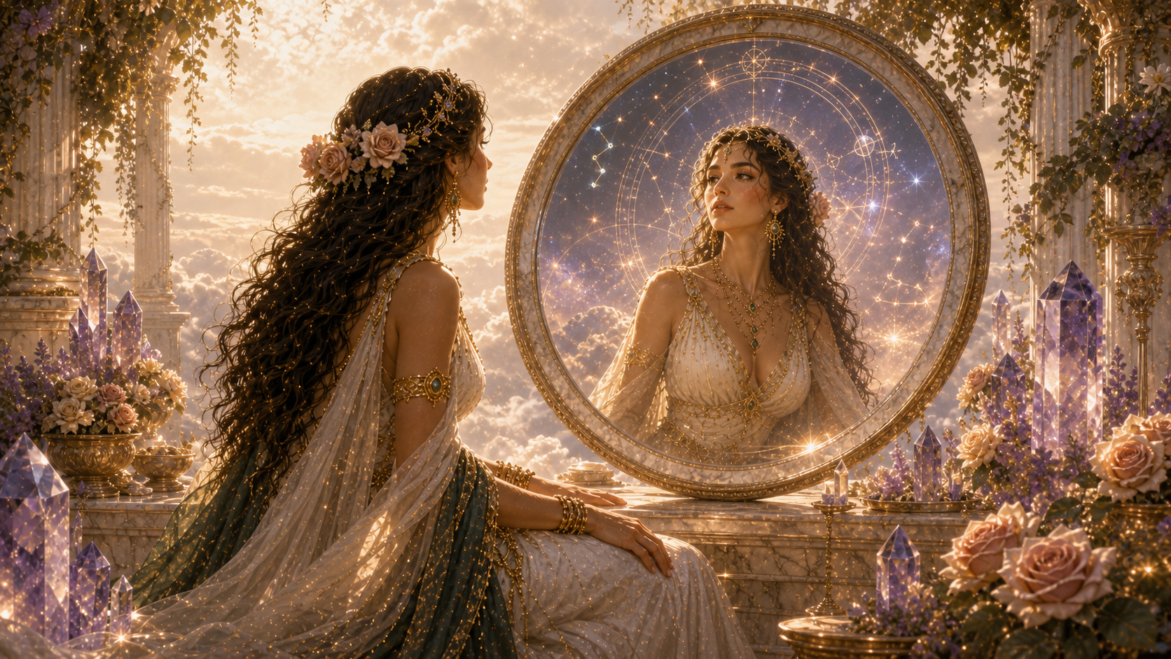 mujer contemplando su reflejo en un espejo celestial con constelaciones como metáfora de astrología y autoconocimiento