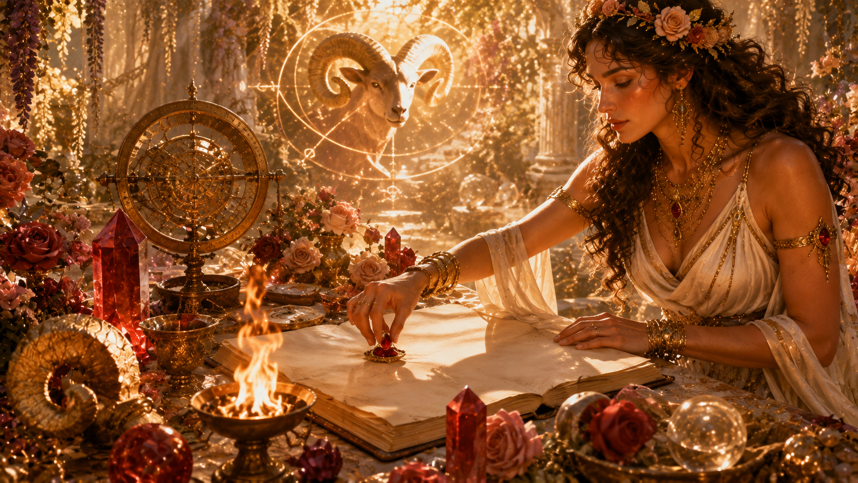 escena astrológica dorada con símbolo de Aries, carnero y altar de fuego