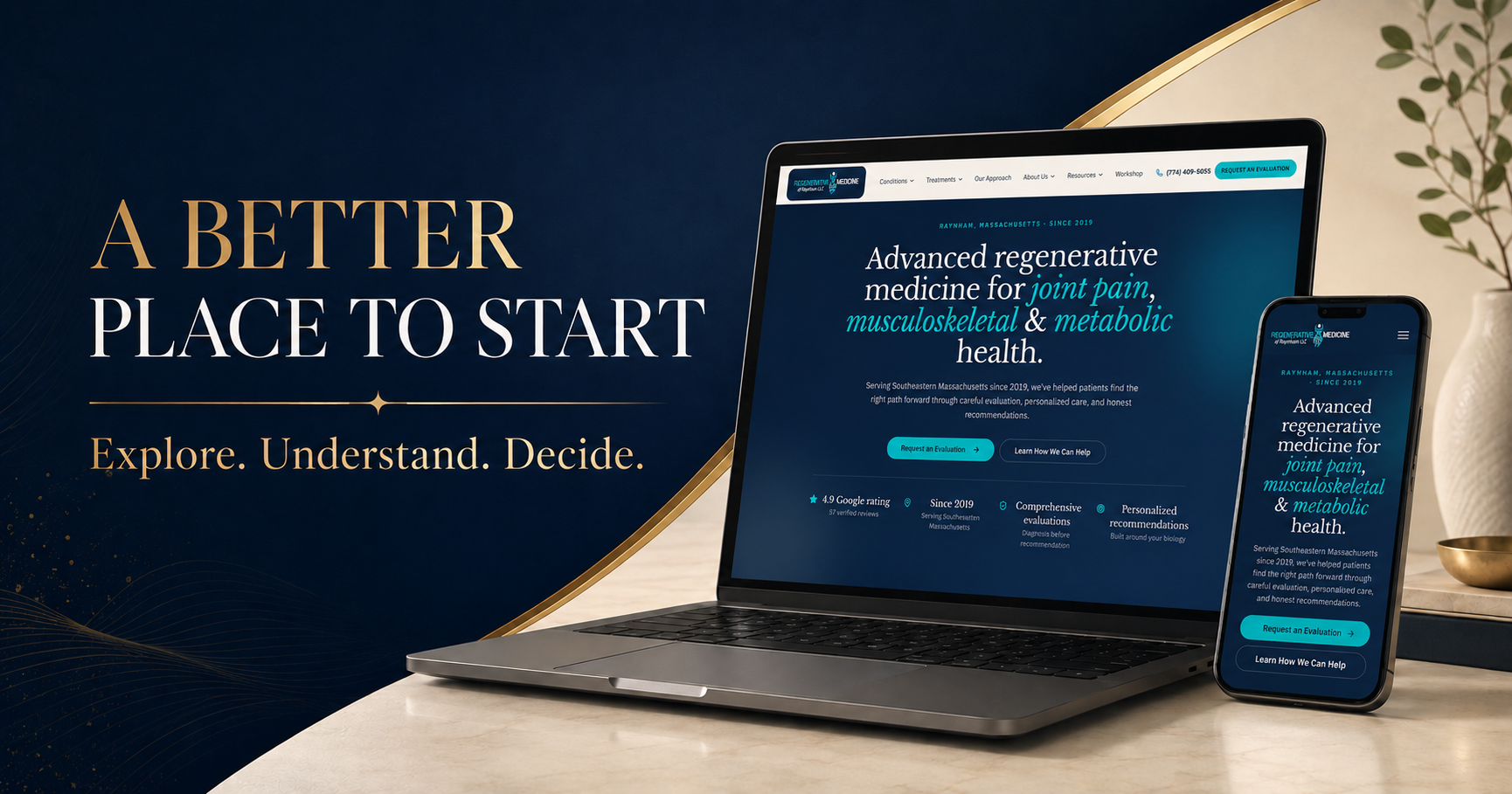 New Regenerative Medicine of Raynham website displayed on a laptop and smartphone with the message A Better Place to Start—Explore, Understand, Decide. New Regenerative Medicine of Raynham website displayed on a laptop and smartphone with the message A Better Place to Start—Explore, Understand, Decide.