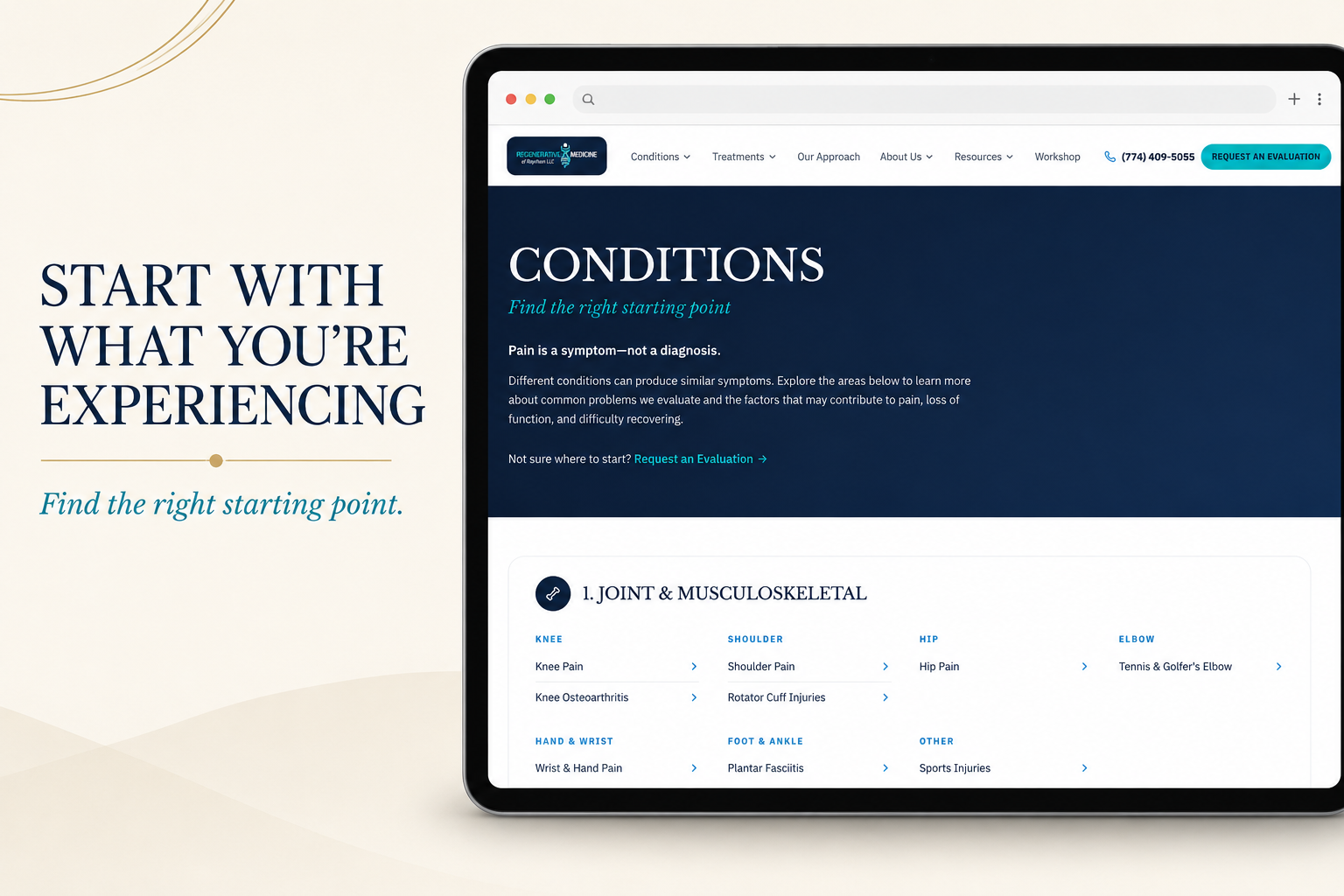 Regenerative Medicine of Raynham Conditions page with the message Start With What You’re Experiencing—Find the right starting point. Regenerative Medicine of Raynham Conditions page with the message Start With What You’re Experiencing—Find the right starting point.