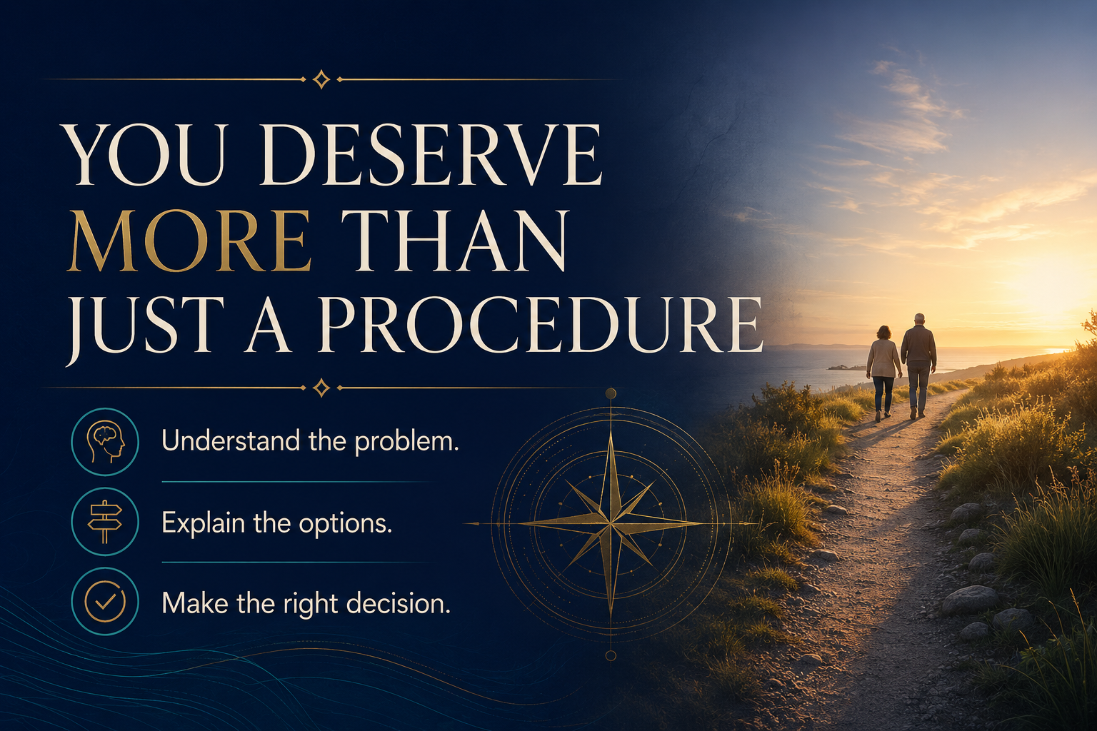 A couple walking toward the horizon with the message You deserve more than just a procedure—understand the problem, explain the options, and make the right decision. A couple walking toward the horizon with the message You deserve more than just a procedure—understand the problem, explain the options, and make the right decision.