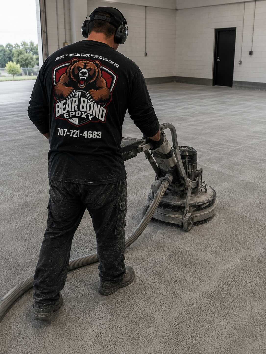 Diamond-ground concrete before metallic epoxy coating