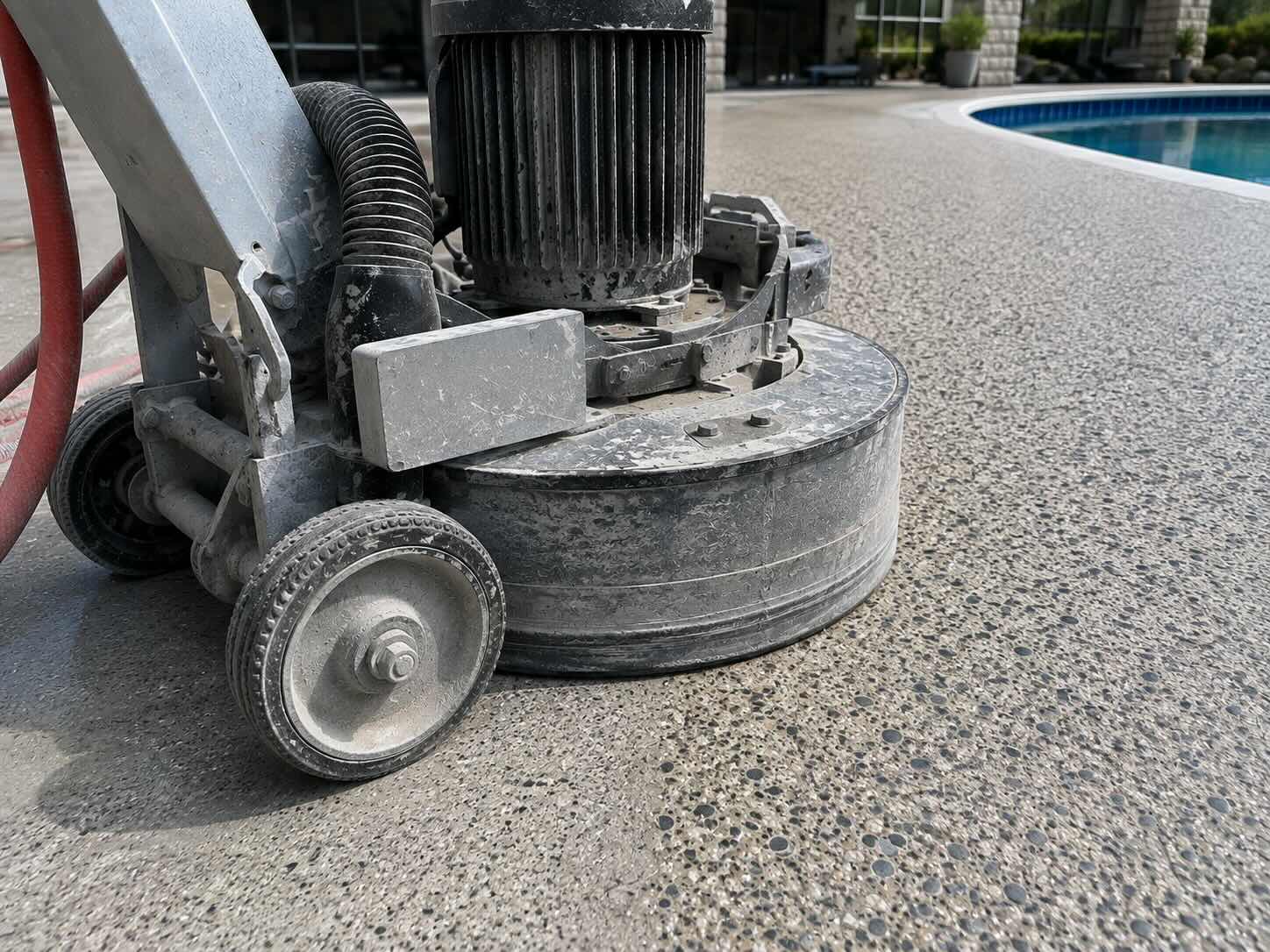 Diamond-ground concrete pool deck before quartz coating