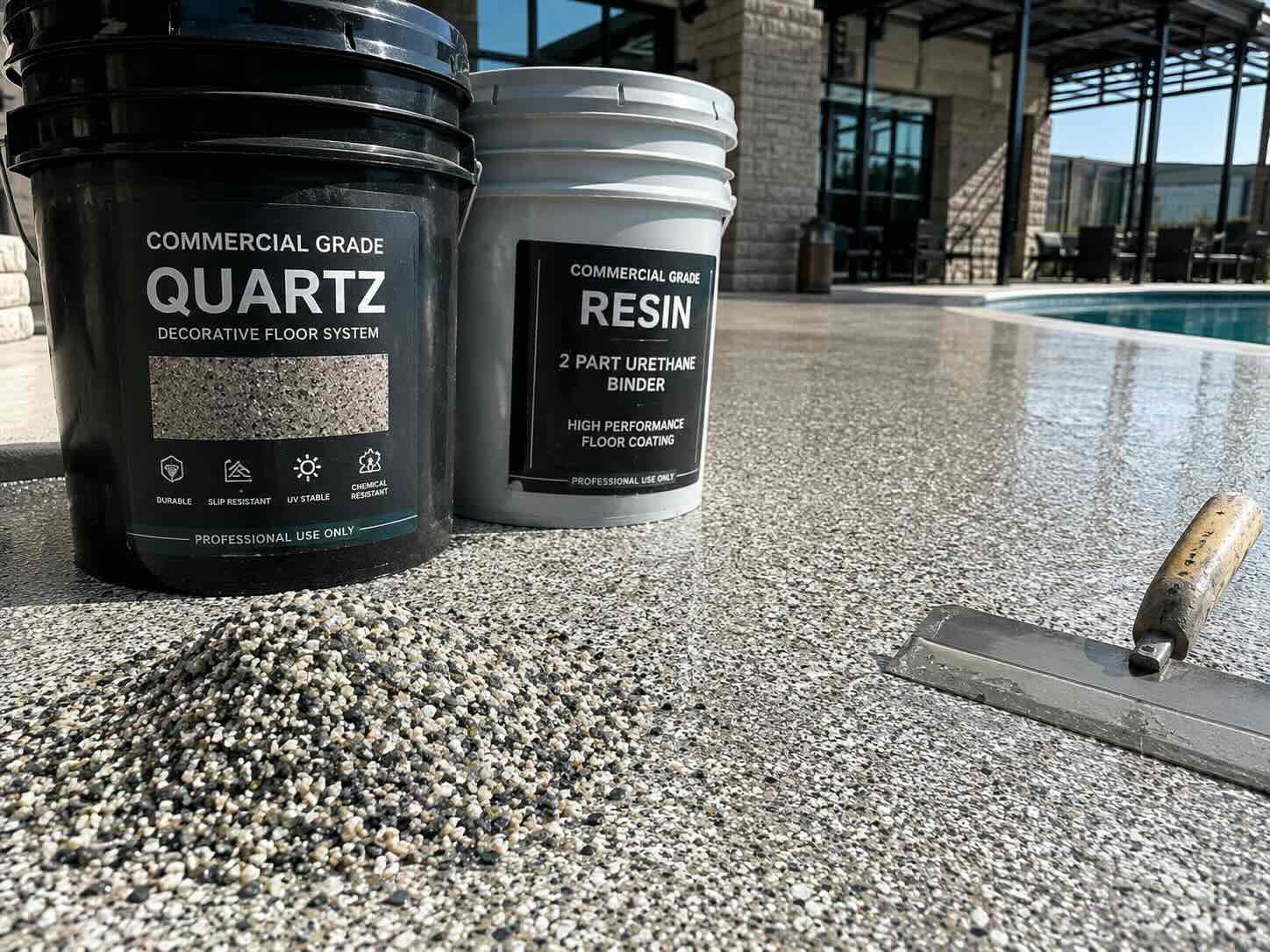 UV-stable quartz resin being applied to pool deck
