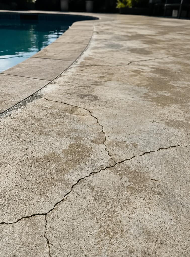 Bare concrete before quartz epoxy floor — pool deck