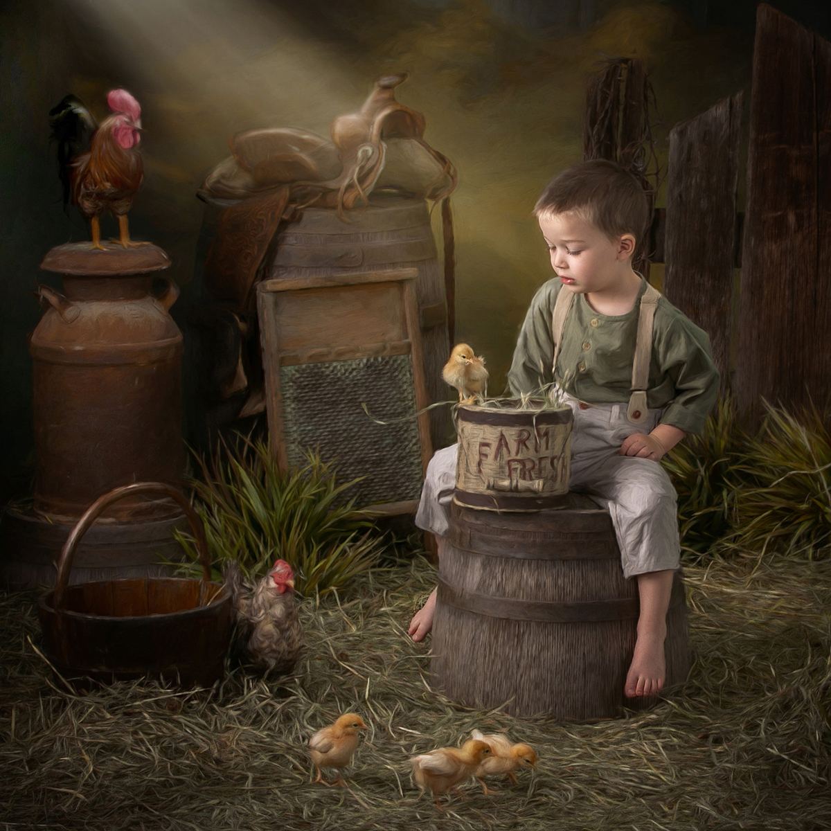 Boy on a barrel with baby chicks in a farmyard set