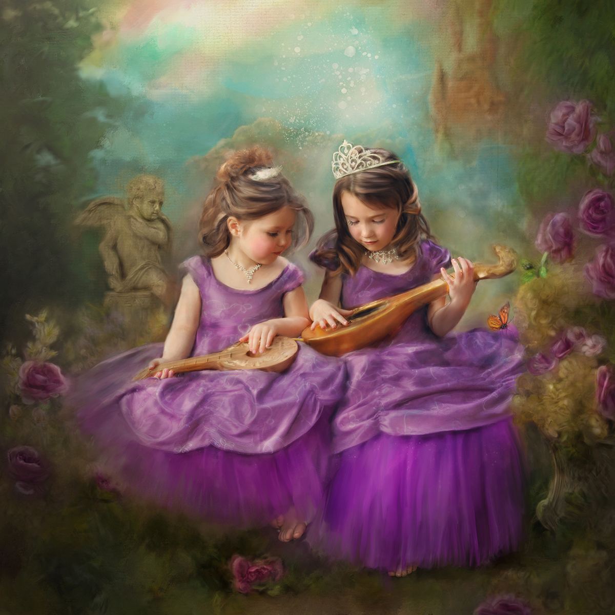 Two sisters in purple gowns playing lutes in a garden set