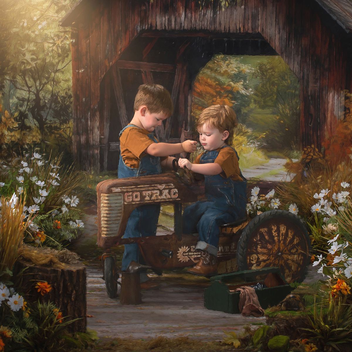 Two brothers on a vintage tractor in front of a covered bridge