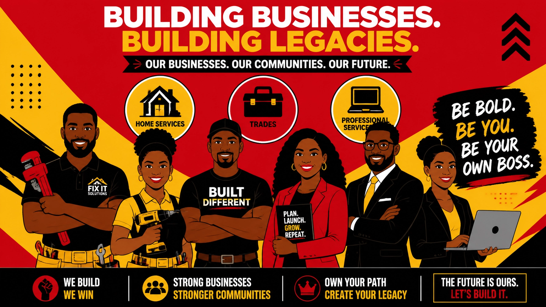 Diverse group of entrepreneurs in front of industry icons Diverse group of entrepreneurs in front of industry icons