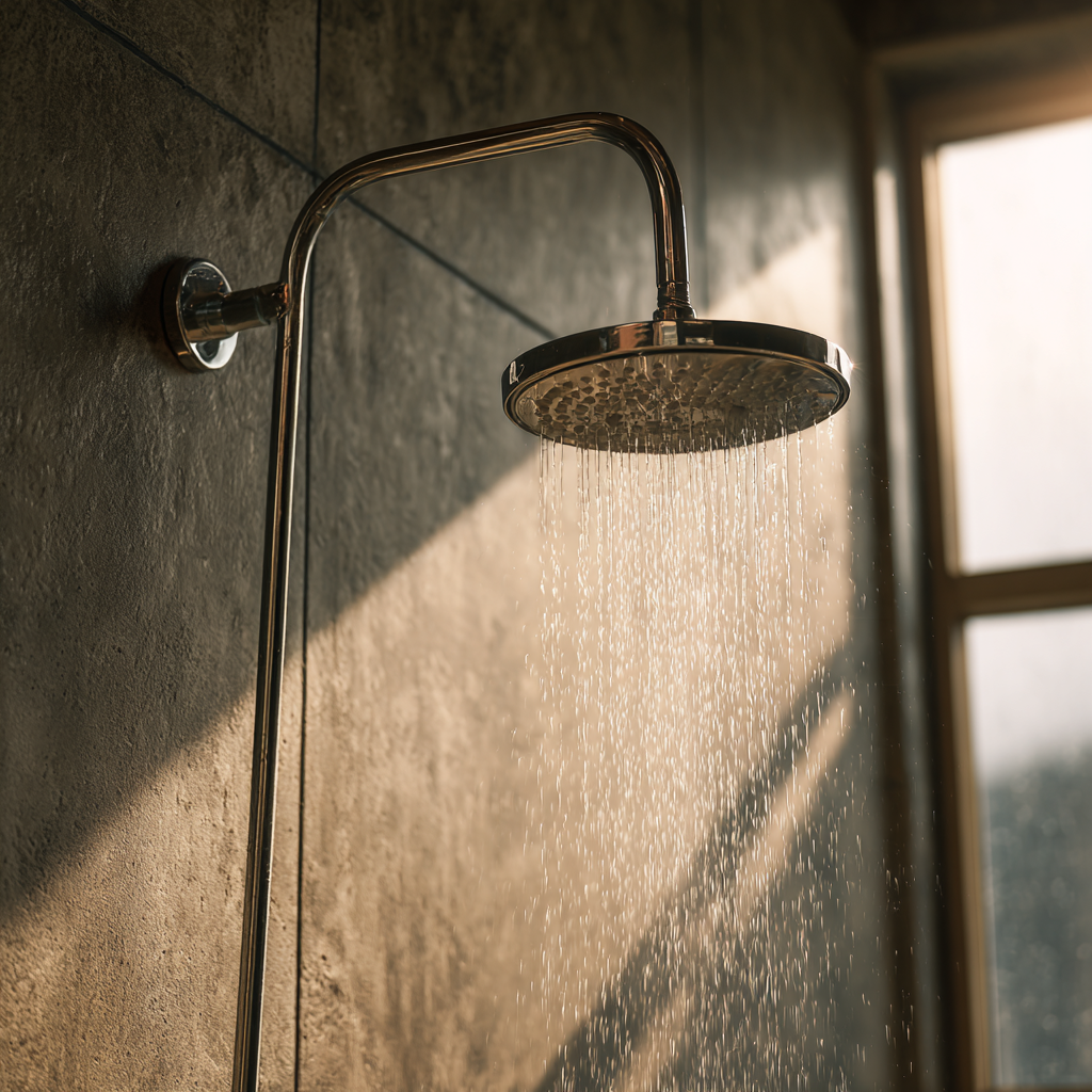 A modern shower head with running water, but the water is cold