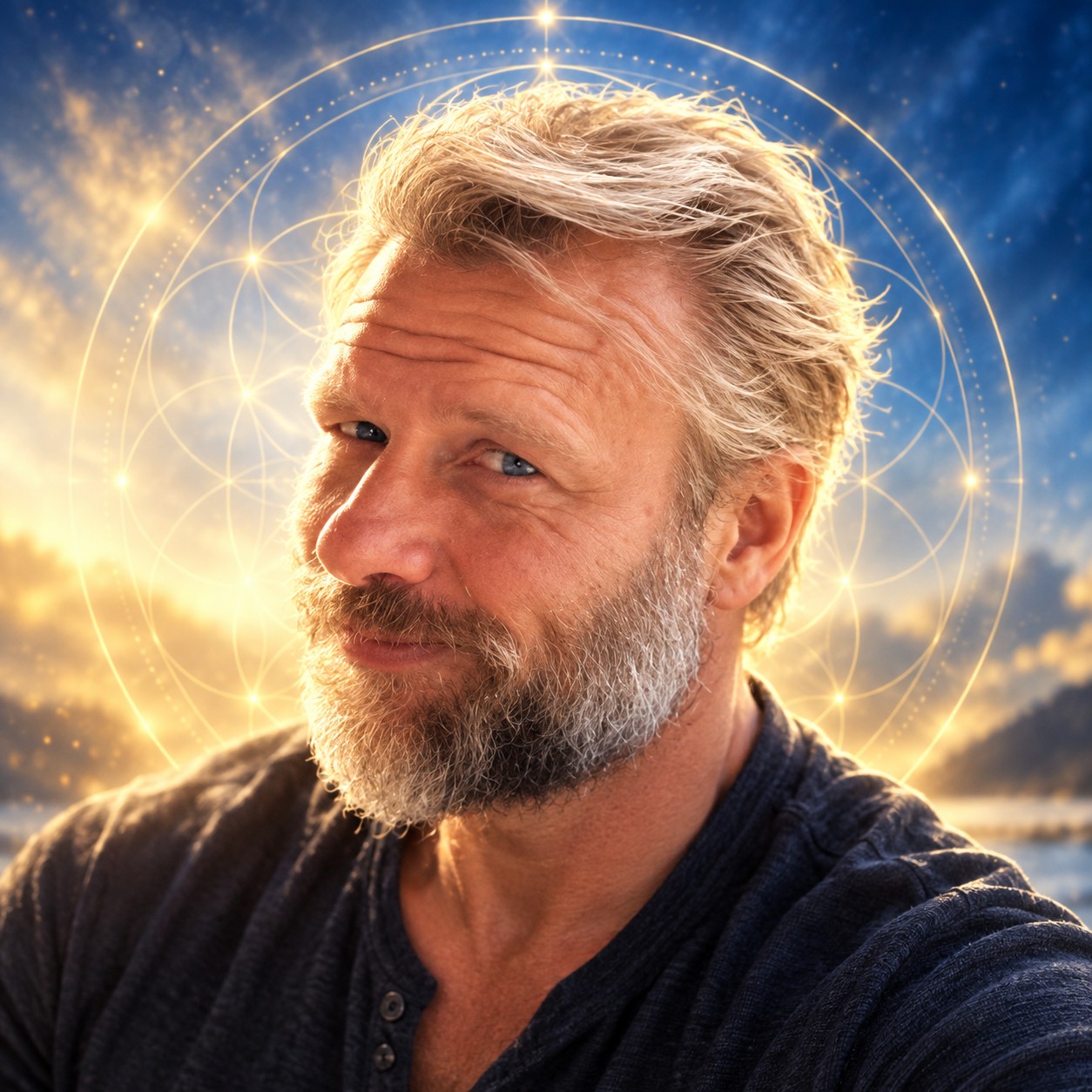Portrait of Jamie Mentzer, founder of BioFlow.Pro, smiling, framed by a golden flower-of-life pattern against a sunrise sky.