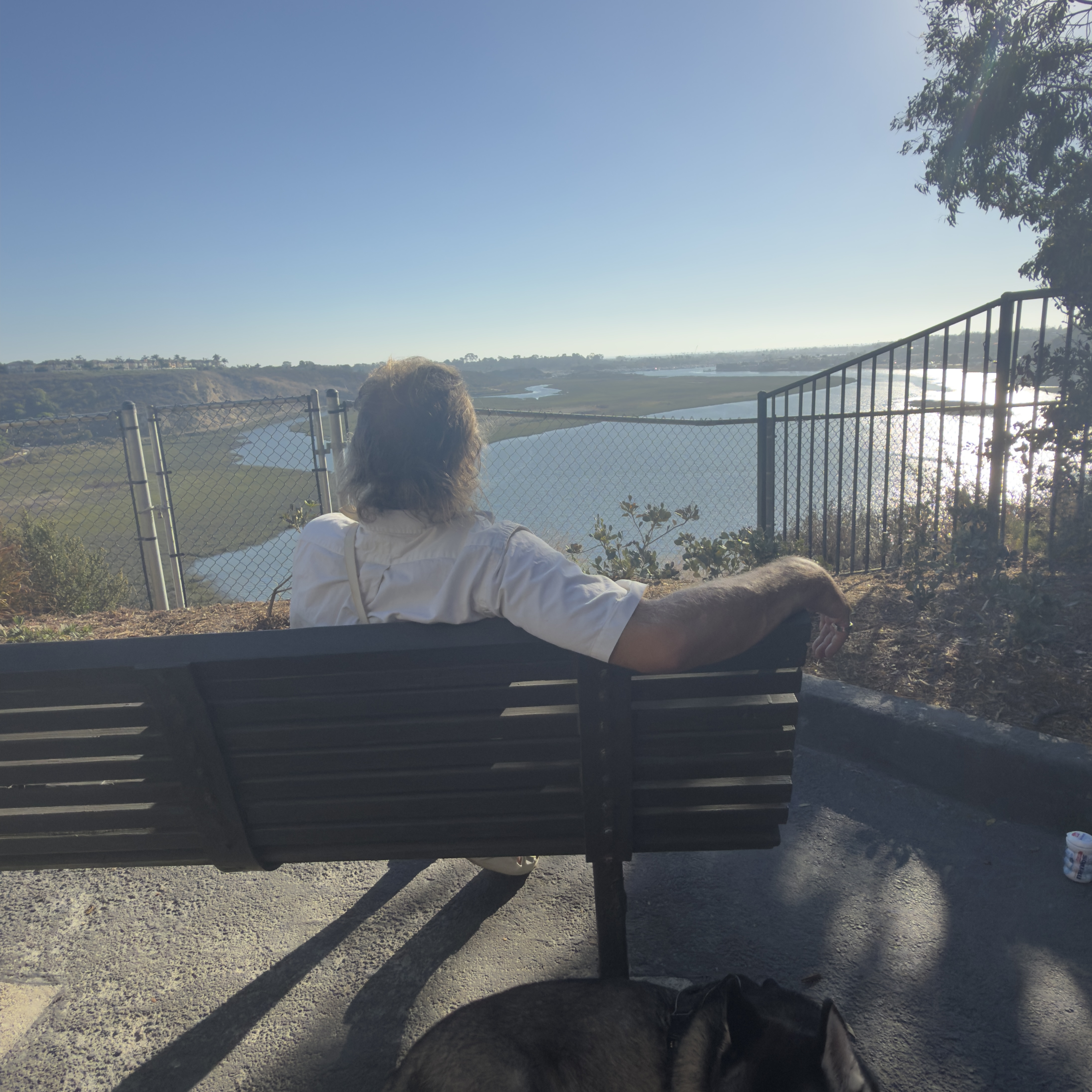 A person with long hair in a white shirt, seen from behind, relaxing on a bench overlooking a bay and wetlands, with a dog resting in the foreground.