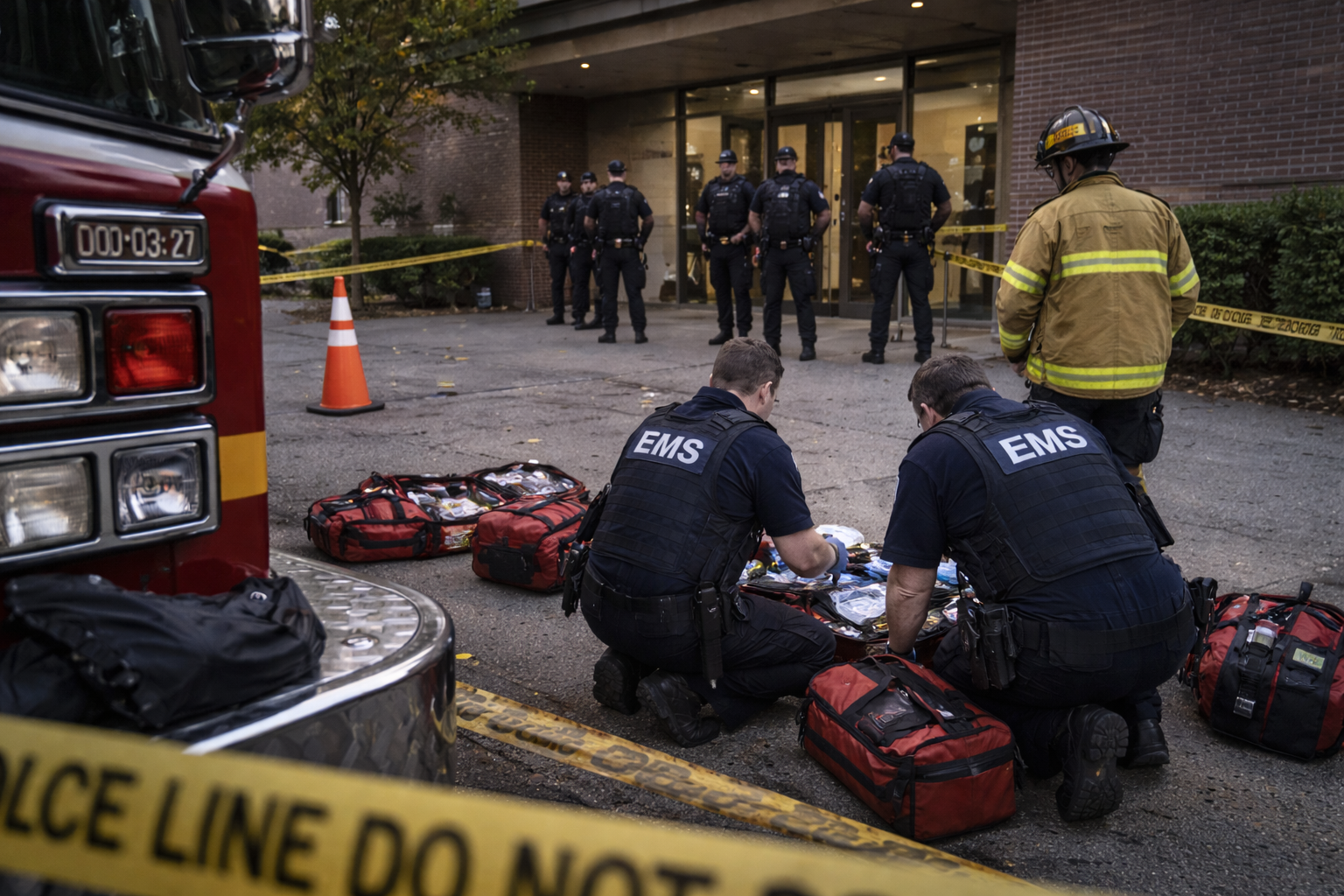 EMS and fire stage at the perimeter while law enforcement works the entry, illustrating how waiting for ‘scene safety’ can delay lifesaving care.
