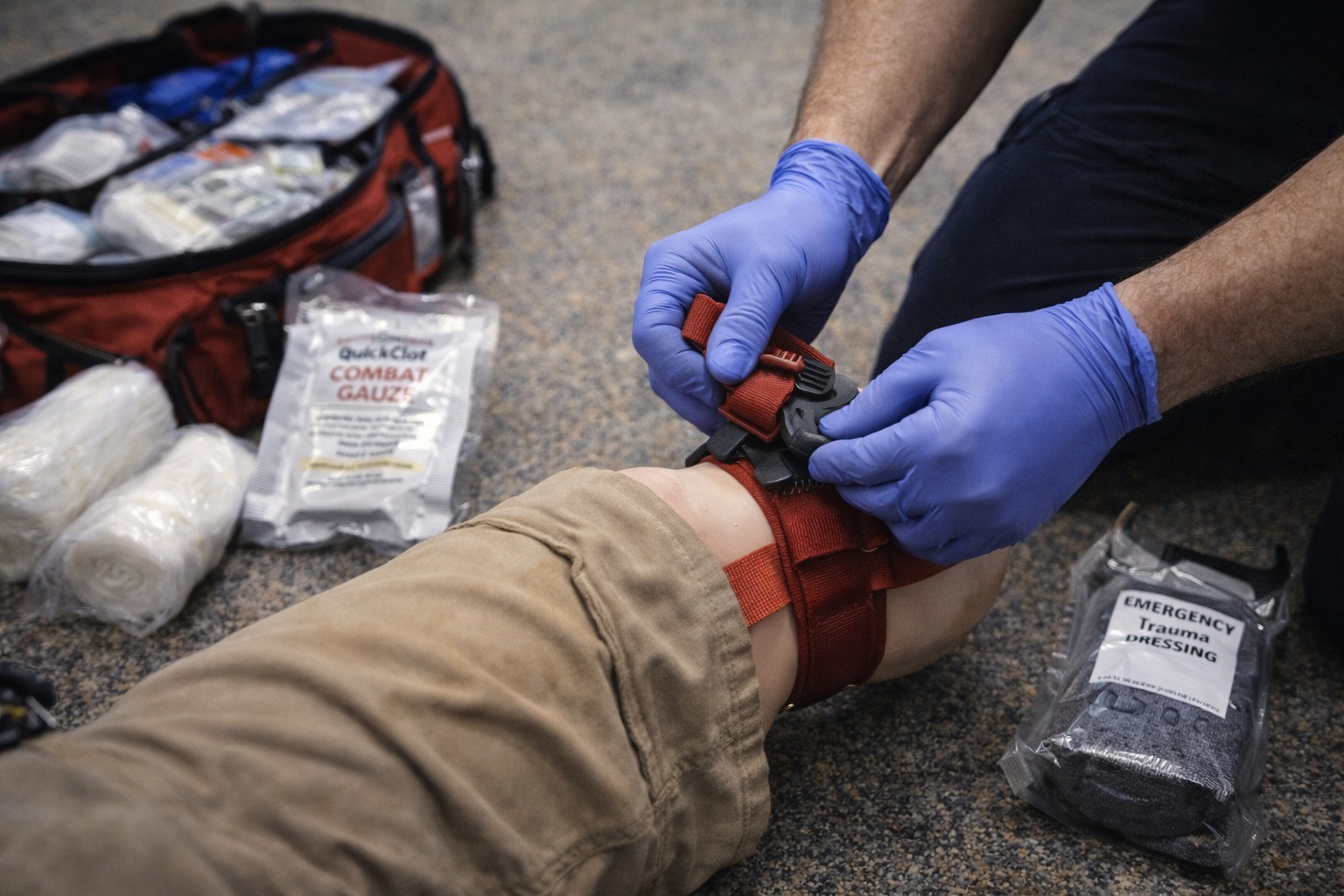 Tourniquet application in a training setting with hemorrhage-control supplies staged, showing the time-sensitive interventions that save lives.