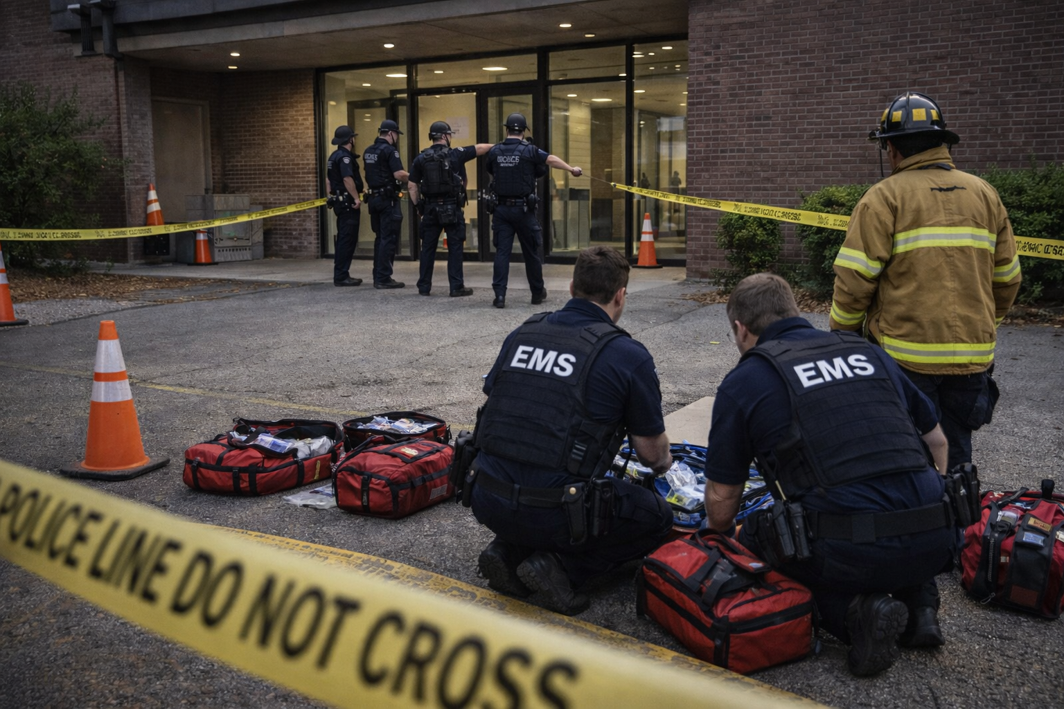 A perimeter is established outside a building while responders coordinate entry, illustrating that a line on the ground does not equal a fully secure environment.