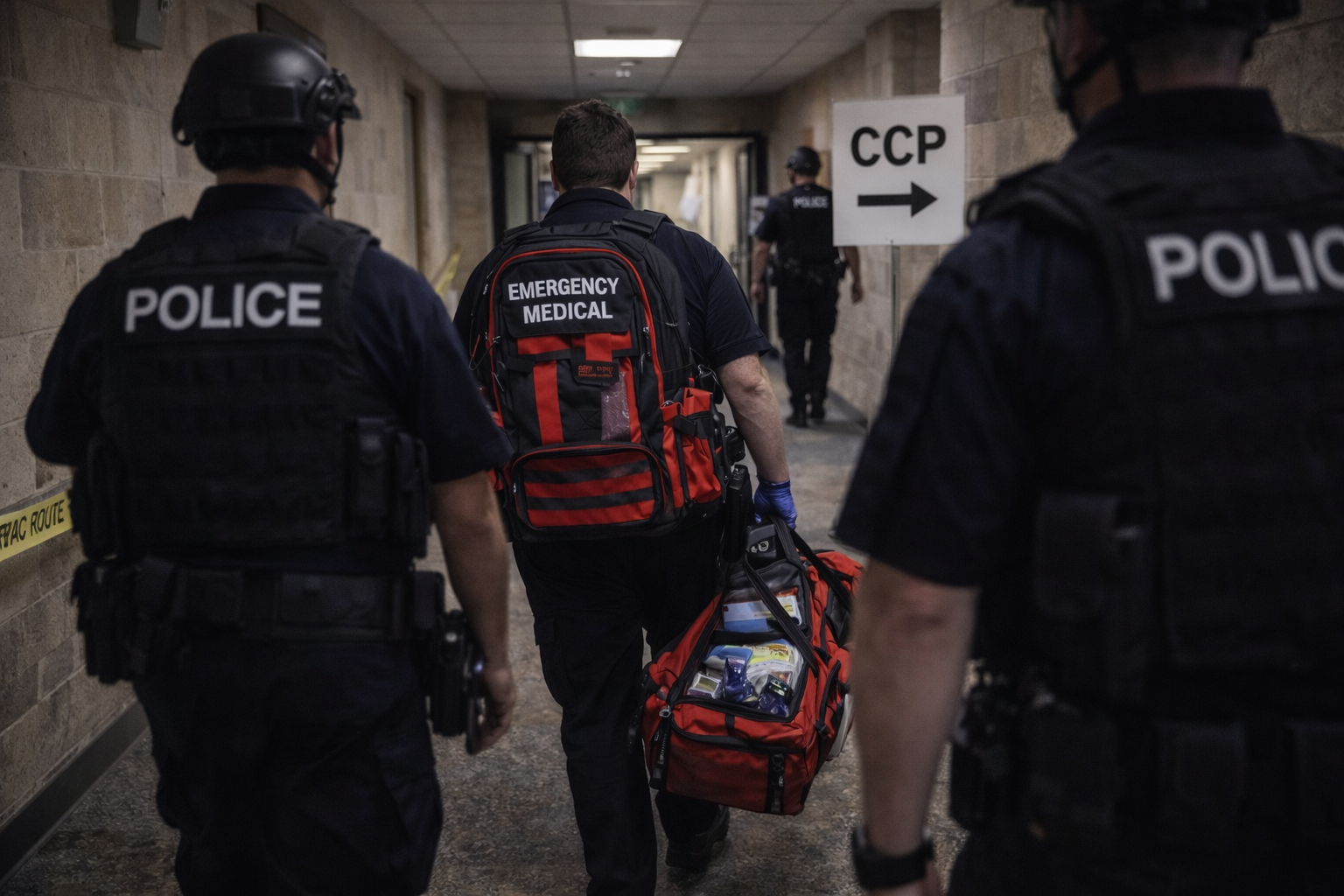 A medic advances under law enforcement escort through a warm-zone corridor toward a CCP, demonstrating early care delivered under managed risk rather than waiting for full security.