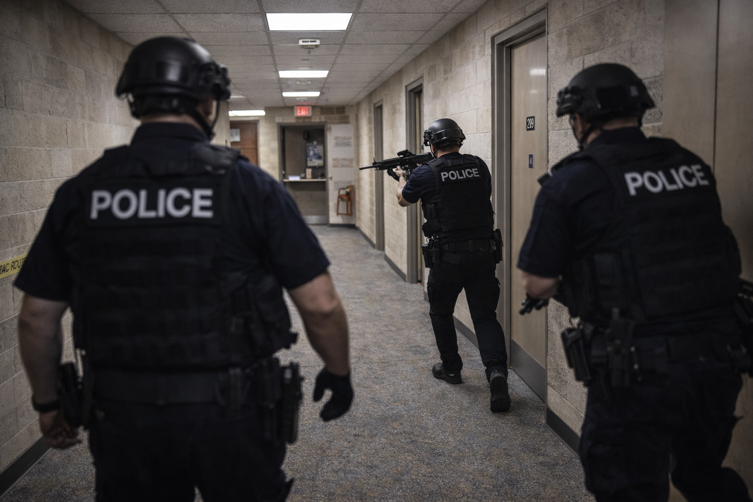 A rapid entry team advances through a corridor during the CSR Chaos Phase to establish early hot-zone control and stop the killing.