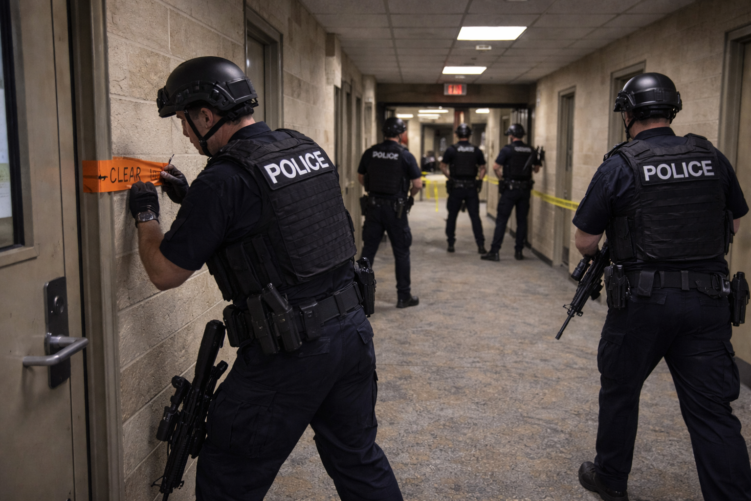 Reinforcement officers secure hallway intersections and cleared sectors, expanding hot-zone control while initial teams continue forward.