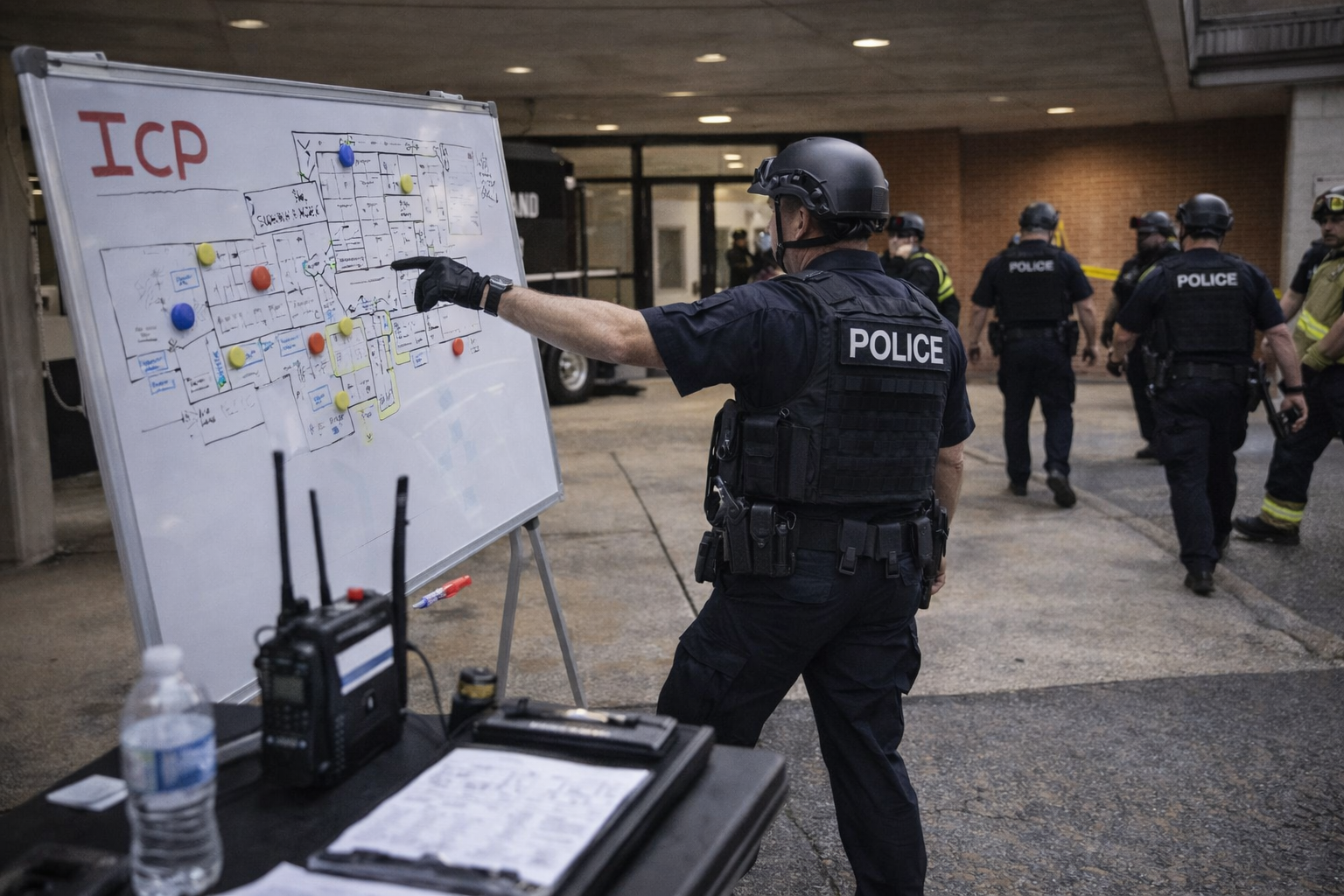 A tactical command post coordinates incoming units and threat updates, evolving into a formal incident command structure as clarity improves.