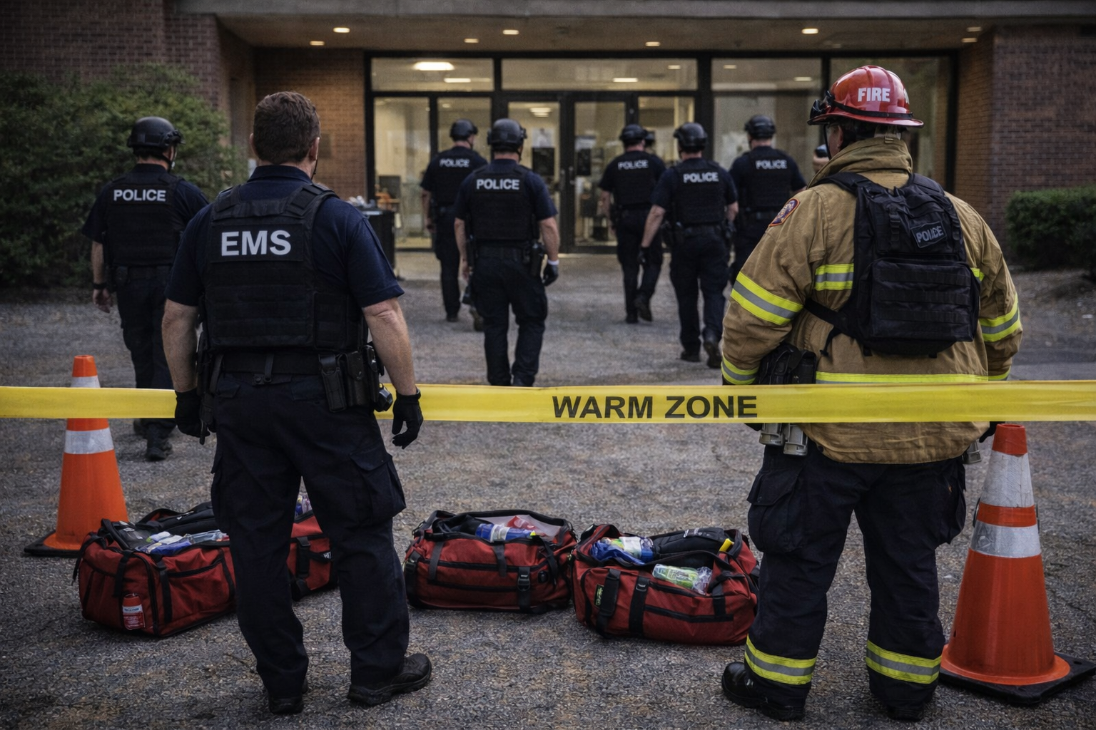 MRTs stage in the warm zone alongside law enforcement with trauma bags ready for rapid medical entry during the Chaos Phase.