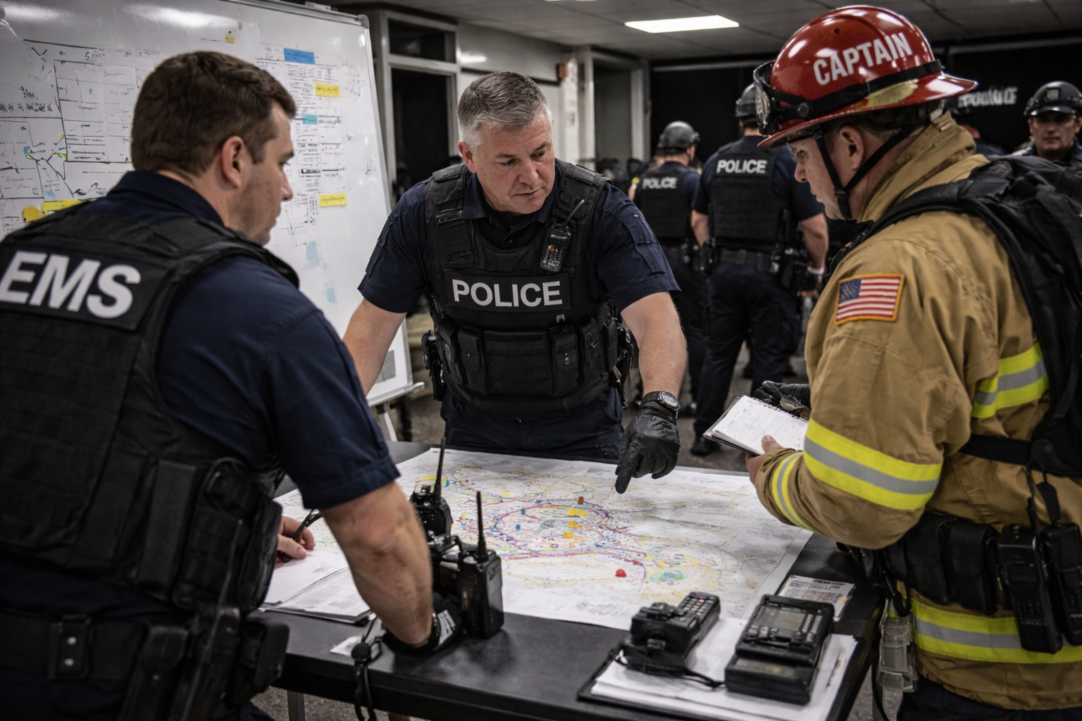 Law enforcement, EMS, and fire leadership coordinate at an evolving incident command post to synchronize MRT movement and threat updates.