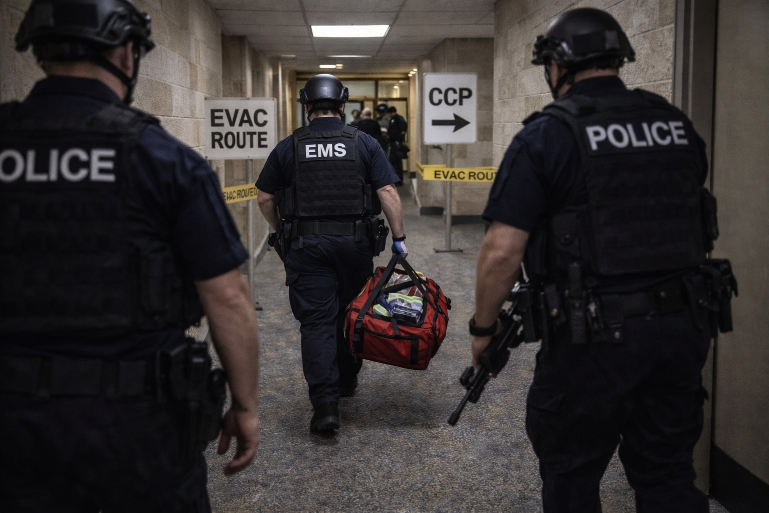 MRT medic advances under law enforcement escort through a warm-zone corridor toward a CCP, reducing time-to-intervention by bringing care forward.