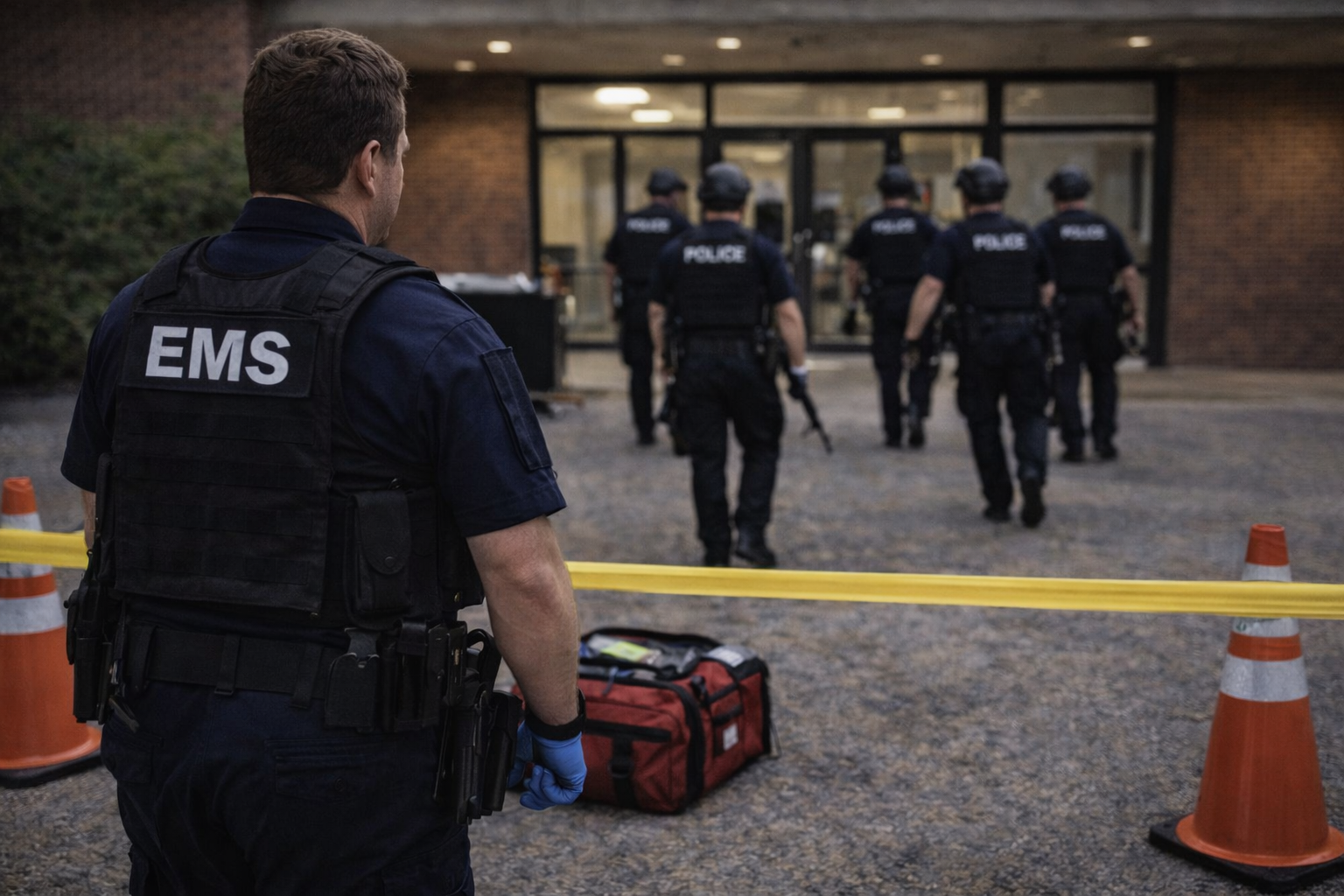 EMS staged outside while law enforcement advances, illustrating delay created by evacuation-first CCP models.