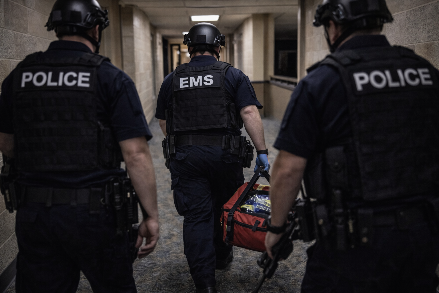 Medical Rescue Team medic advances with police protection to deliver care in the hot or warm zone.