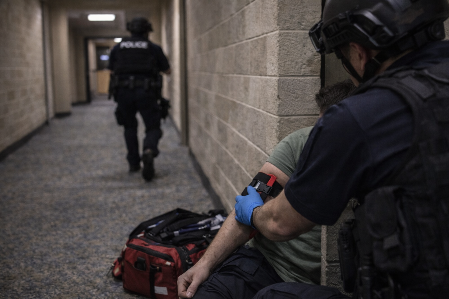 Law enforcement provides immediate bridging care while continuing clearing operations in a high-threat hallway.