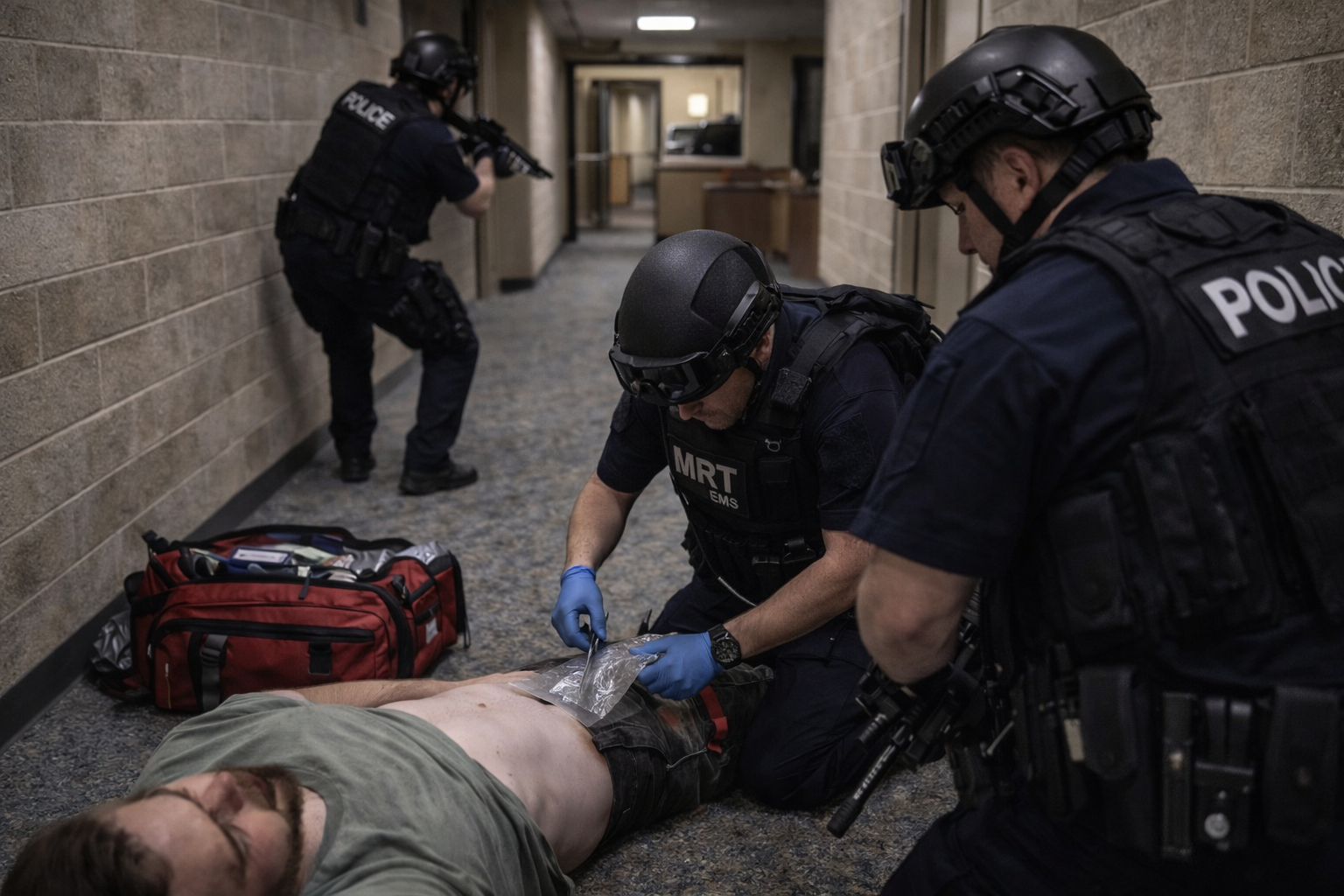 An MRT medic addresses preventable causes of death while officers provide security in a warm-zone corridor.