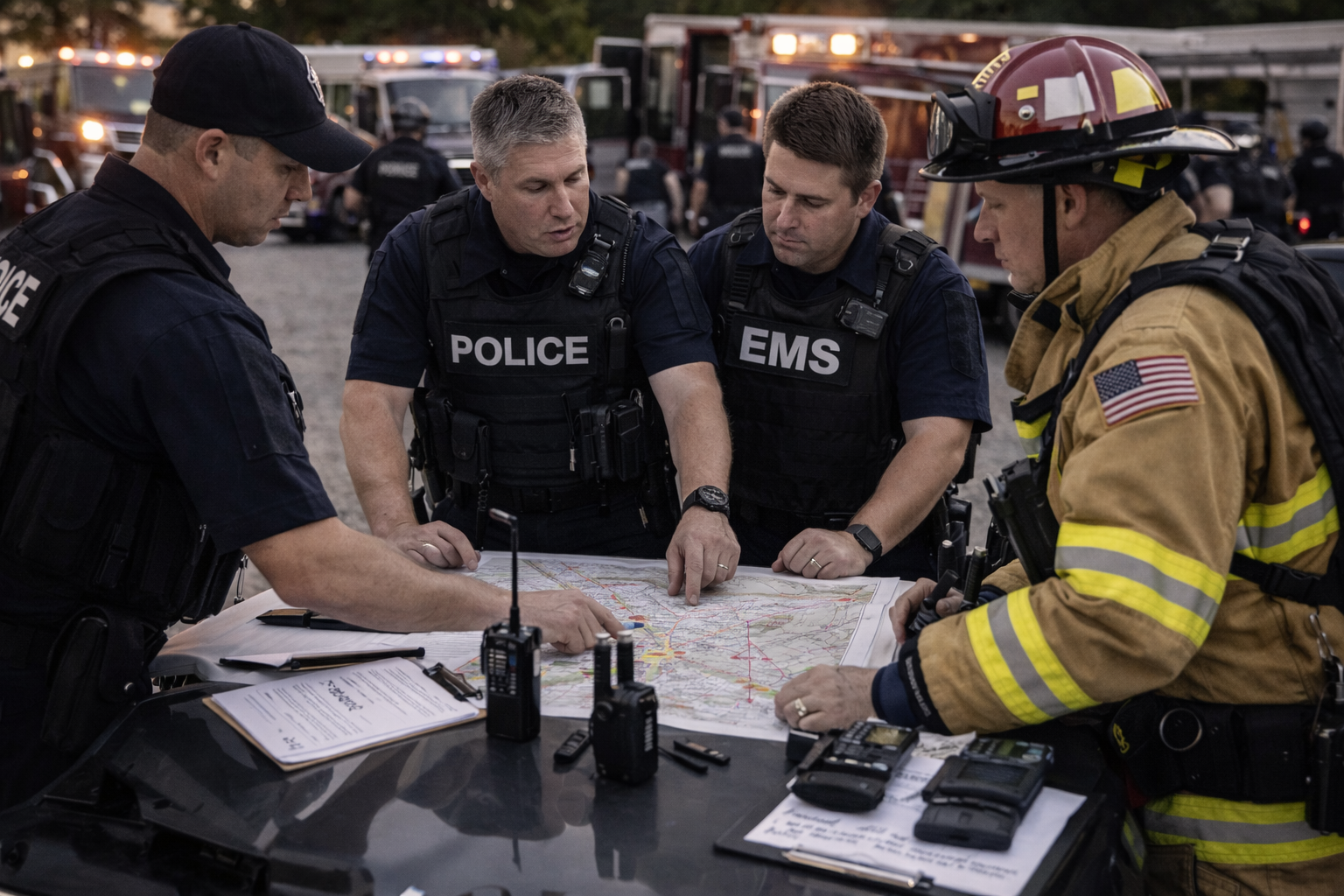 Unified command staff coordinate MRT deployment and communication pathways at an incident command post.