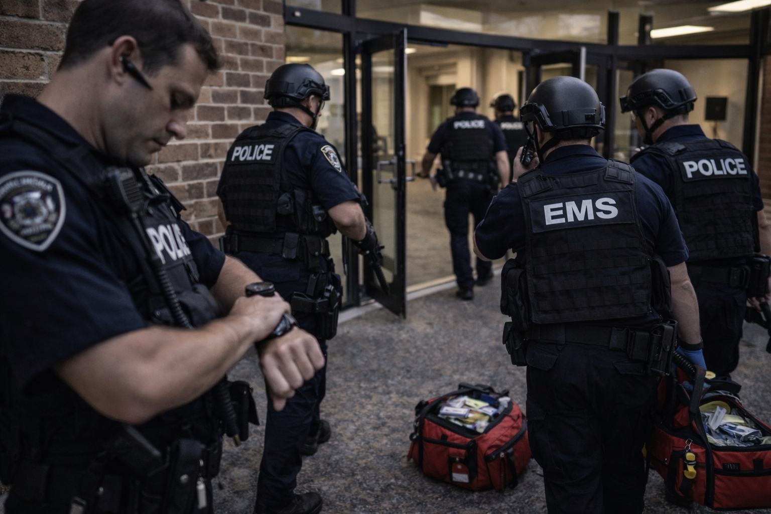 Law enforcement and MRT personnel stage together at the warm-zone edge, ready to move in seconds to match incident tempo. Law enforcement and MRT personnel stage together at the warm-zone edge, ready to move in seconds to match incident tempo.