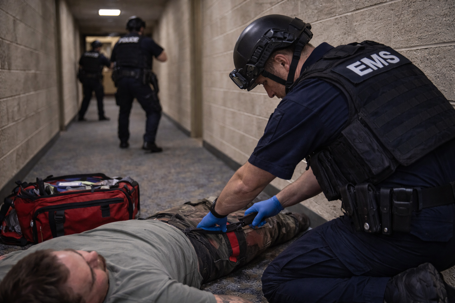 A medic provides early point-of-injury care in a warm-zone corridor while law enforcement secures the route. A medic provides early point-of-injury care in a warm-zone corridor while law enforcement secures the route.