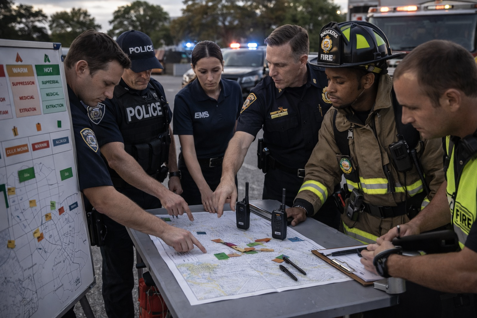 Unified command leaders coordinate movement and medical deployment at an incident command post to preserve tempo and reduce delays. Unified command leaders coordinate movement and medical deployment at an incident command post to preserve tempo and reduce delays.