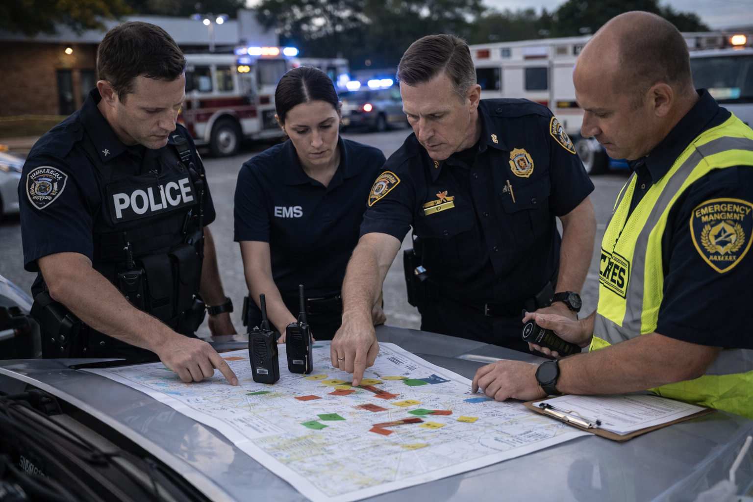 Law enforcement, EMS, fire, and emergency management leaders coordinate at the ICP to synchronize stabilization operations. Law enforcement, EMS, fire, and emergency management leaders coordinate at the ICP to synchronize stabilization operations.