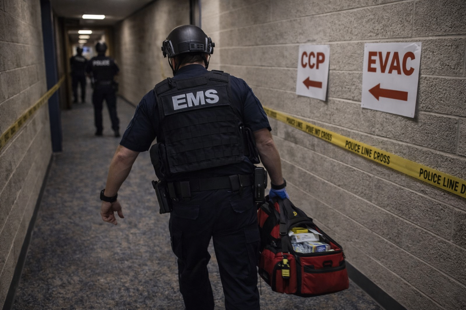 MRT medic advances through a secured corridor under law enforcement protection to maintain forward medical access during stabilization. MRT medic advances through a secured corridor under law enforcement protection to maintain forward medical access during stabilization.