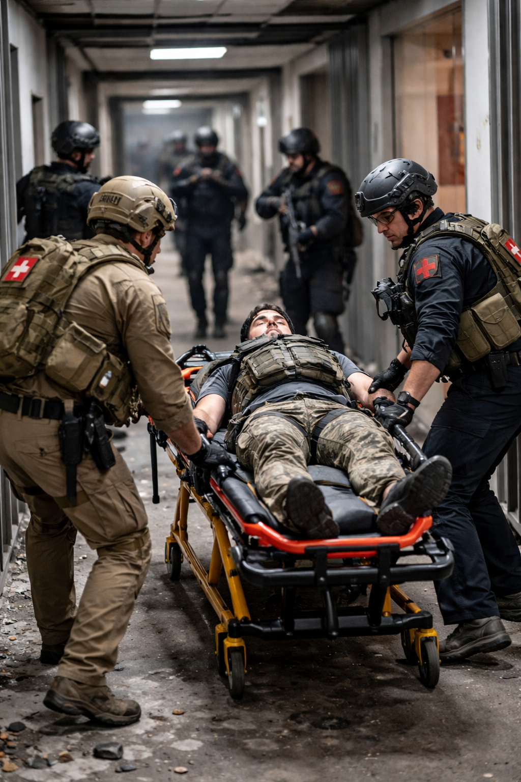 Tactical medical team moving a casualty toward an interior Hot Zone casualty collection point during a high-threat response Tactical medical team moving a casualty toward an interior Hot Zone casualty collection point during a high-threat response