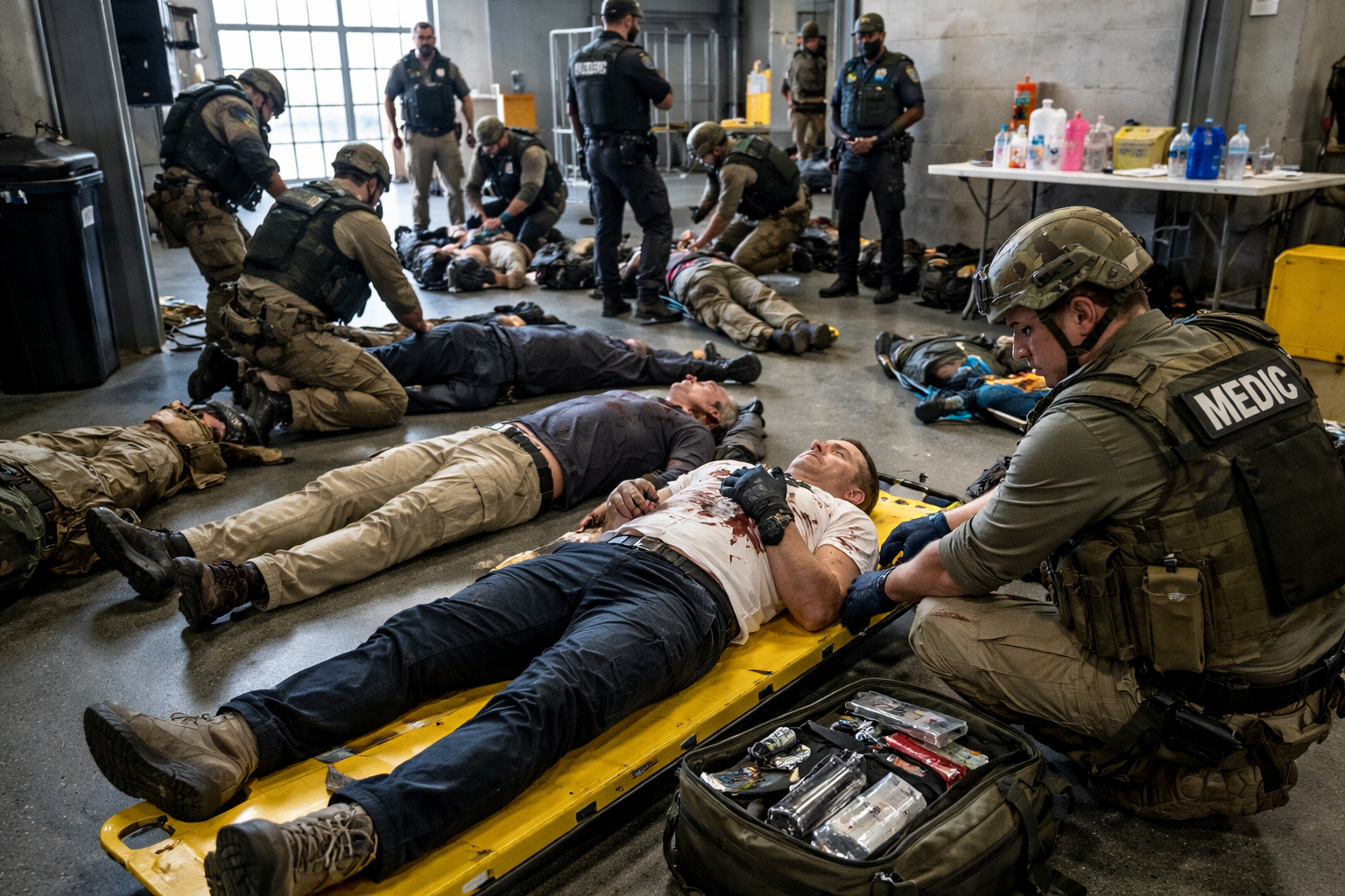 Tactical medical responders establishing a casualty collection point to organize triage and early treatment in a mass-casualty incident