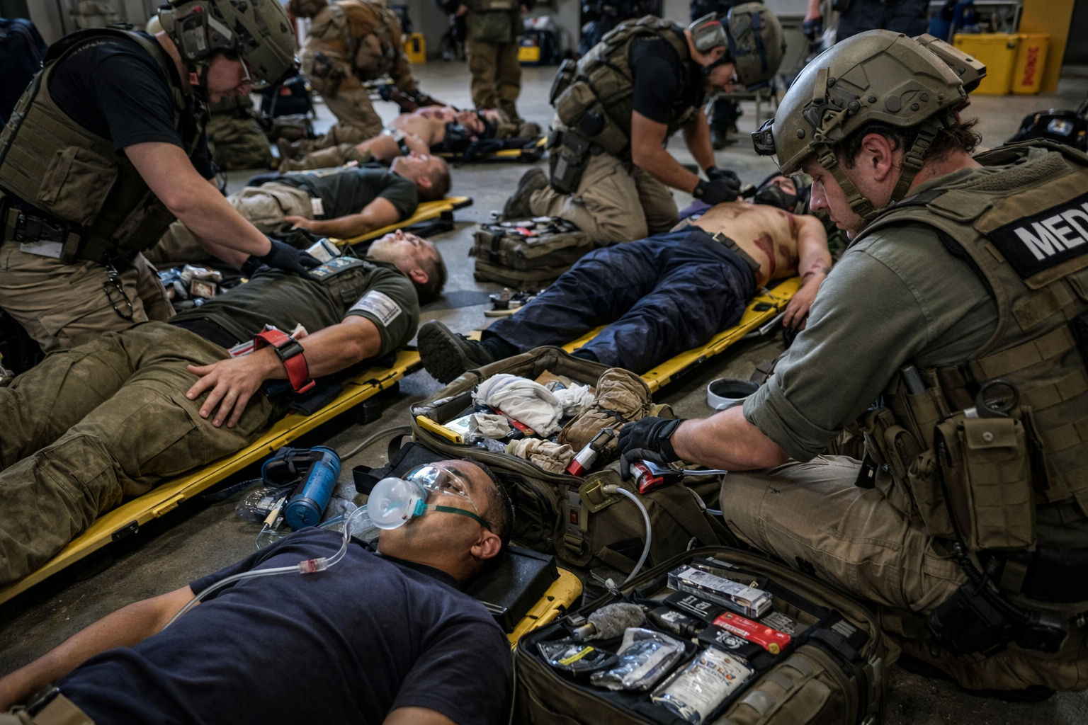 Responders conducting rapid triage and early life-saving treatment at a casualty collection point during a tactical emergency
