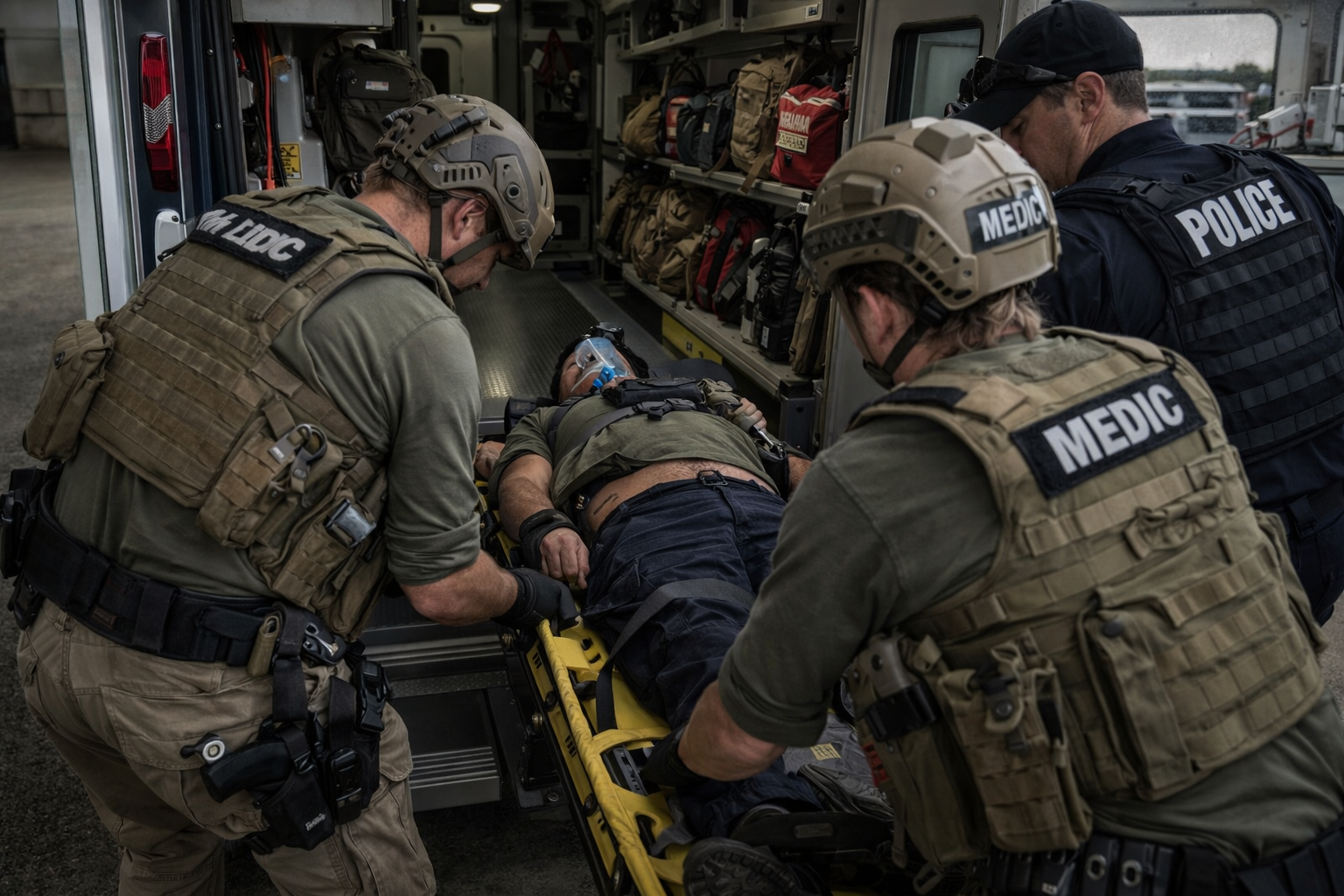 EMS and law enforcement coordinating casualty movement from a casualty collection point for tactical evacuation