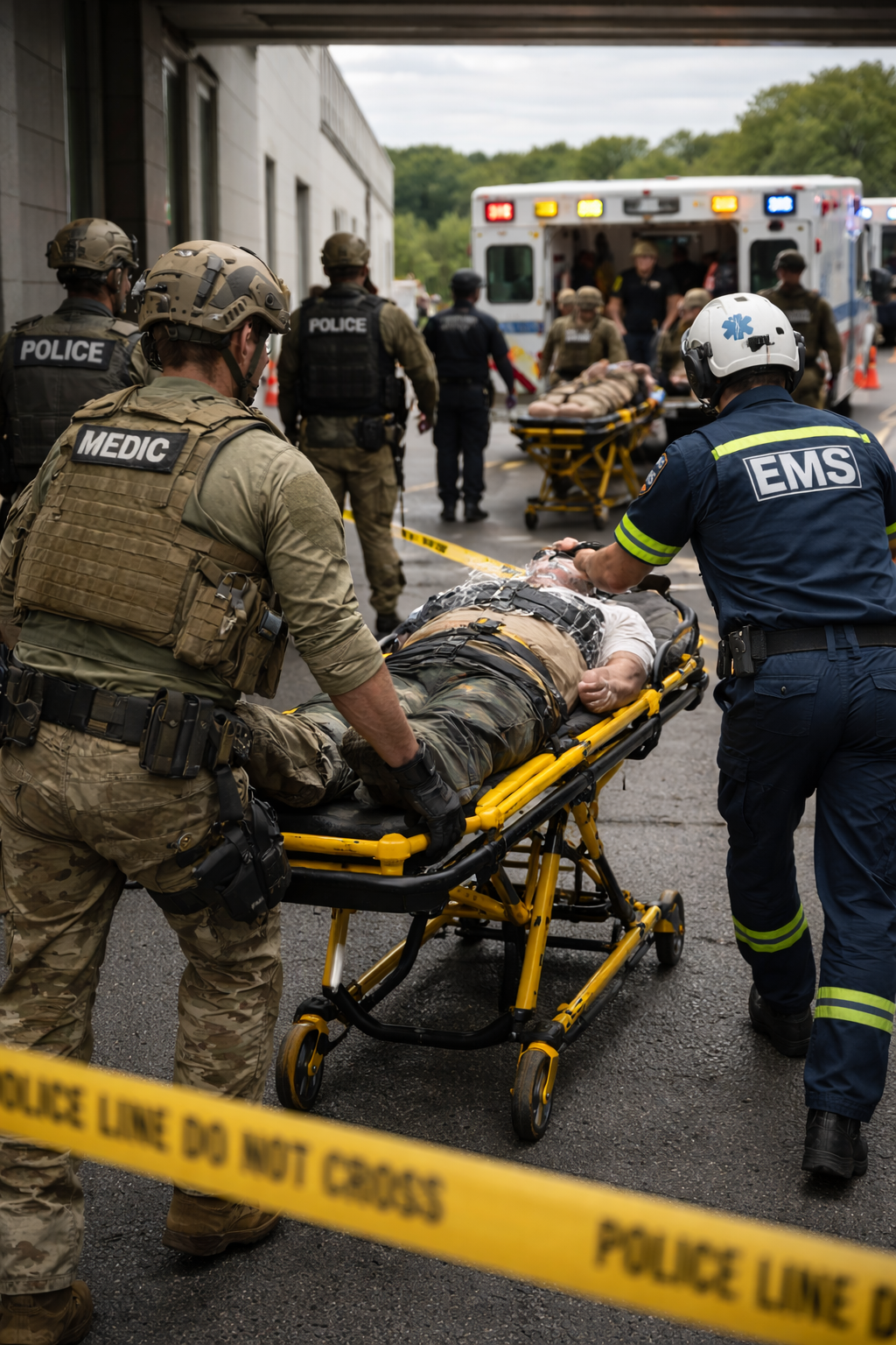 Tactical medics and EMS moving a stabilized casualty from a casualty collection point to an ambulance through a secured evacuation corridor